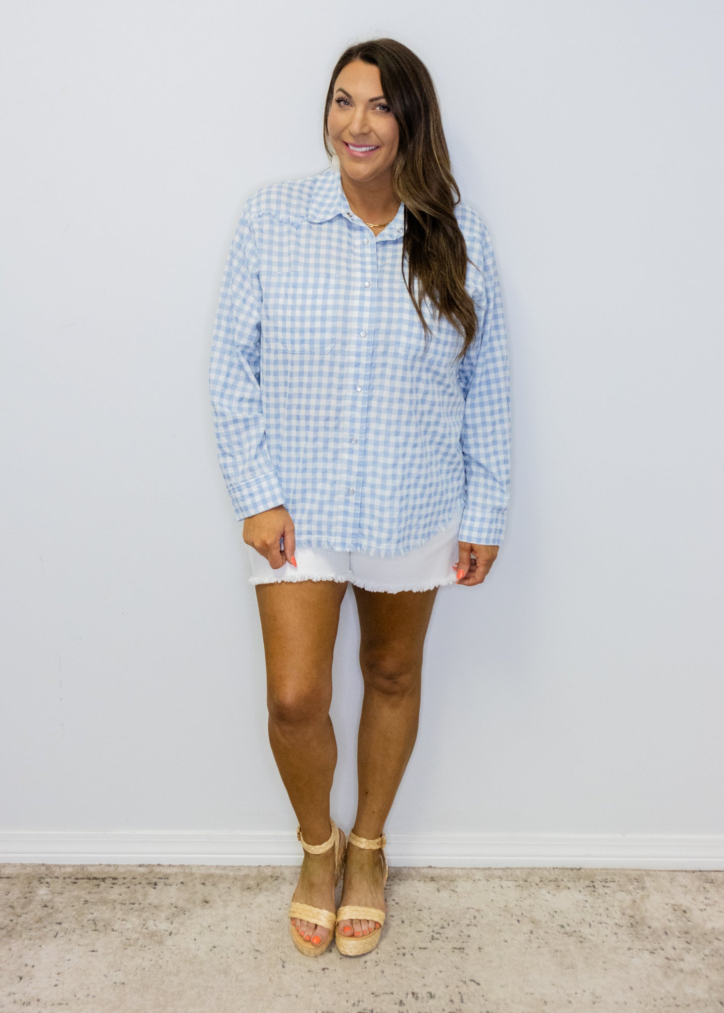 Light Blue Gingham Button Down Top