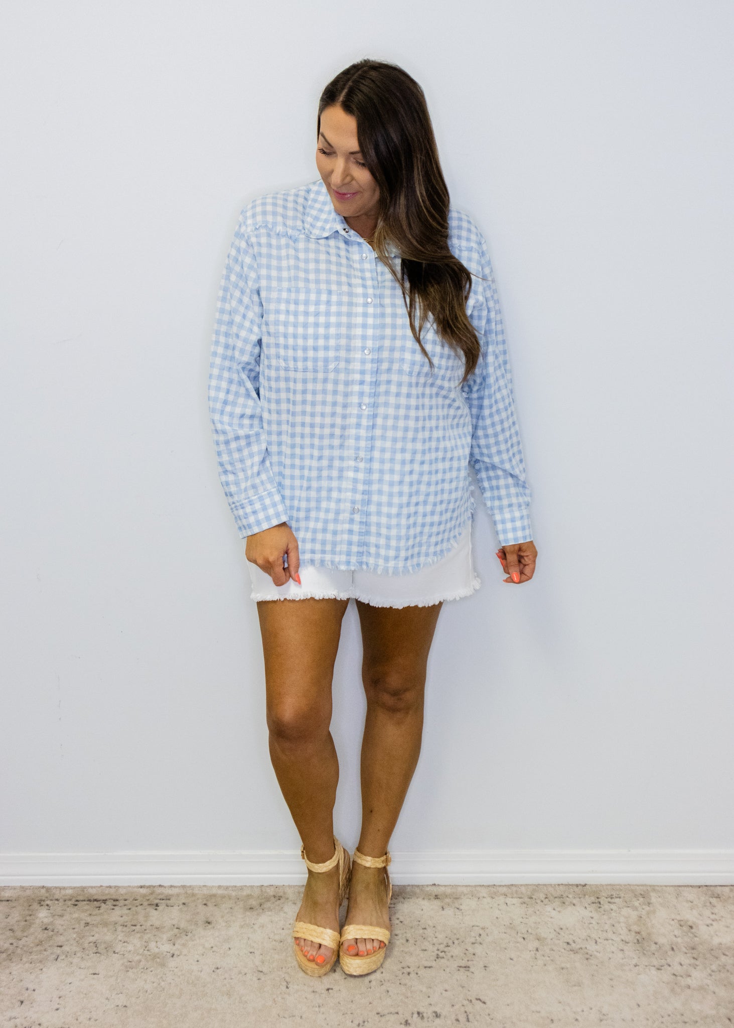 Light Blue Gingham Button Down Top