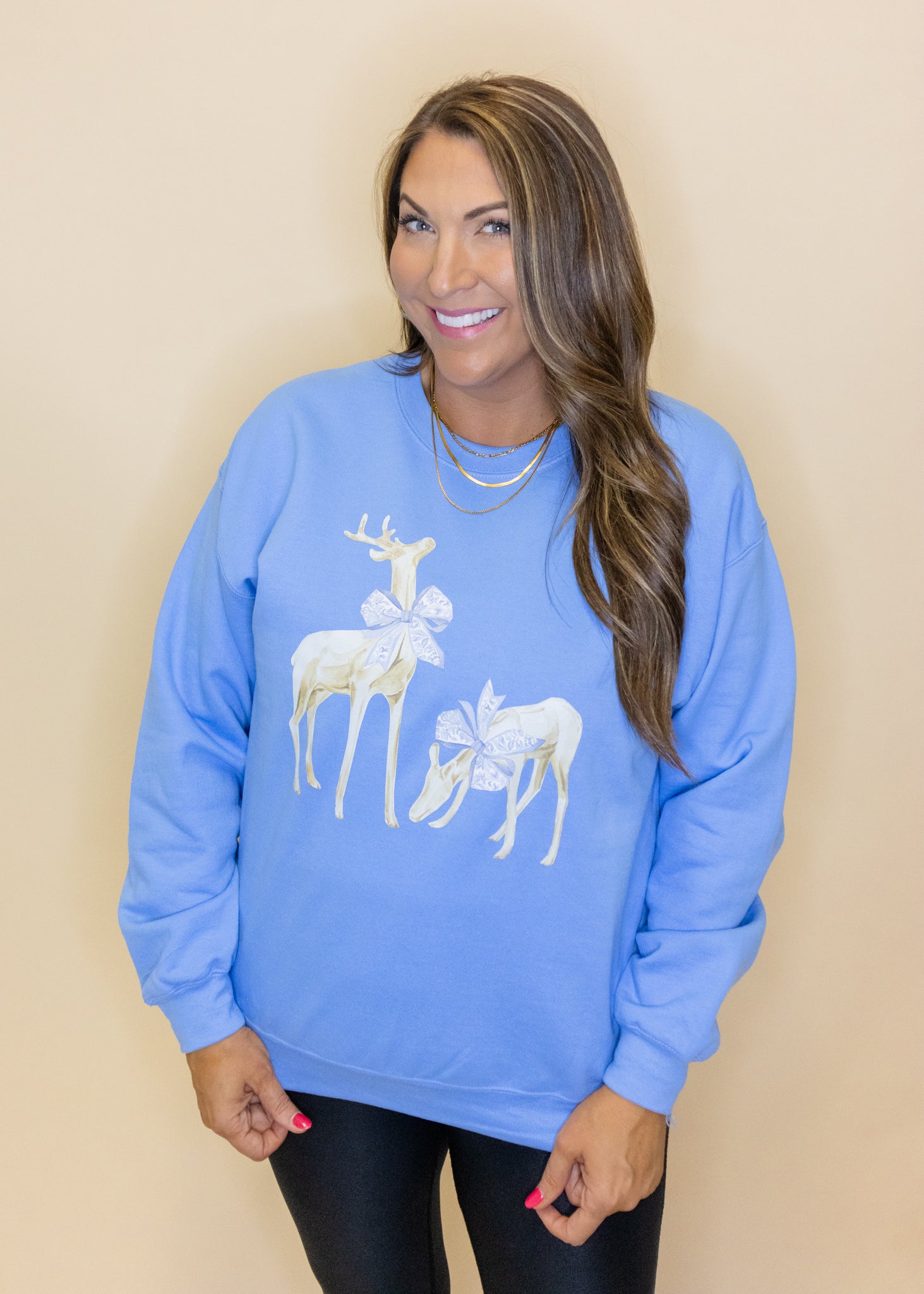 Reindeer Bow on Blue Sweatshirt