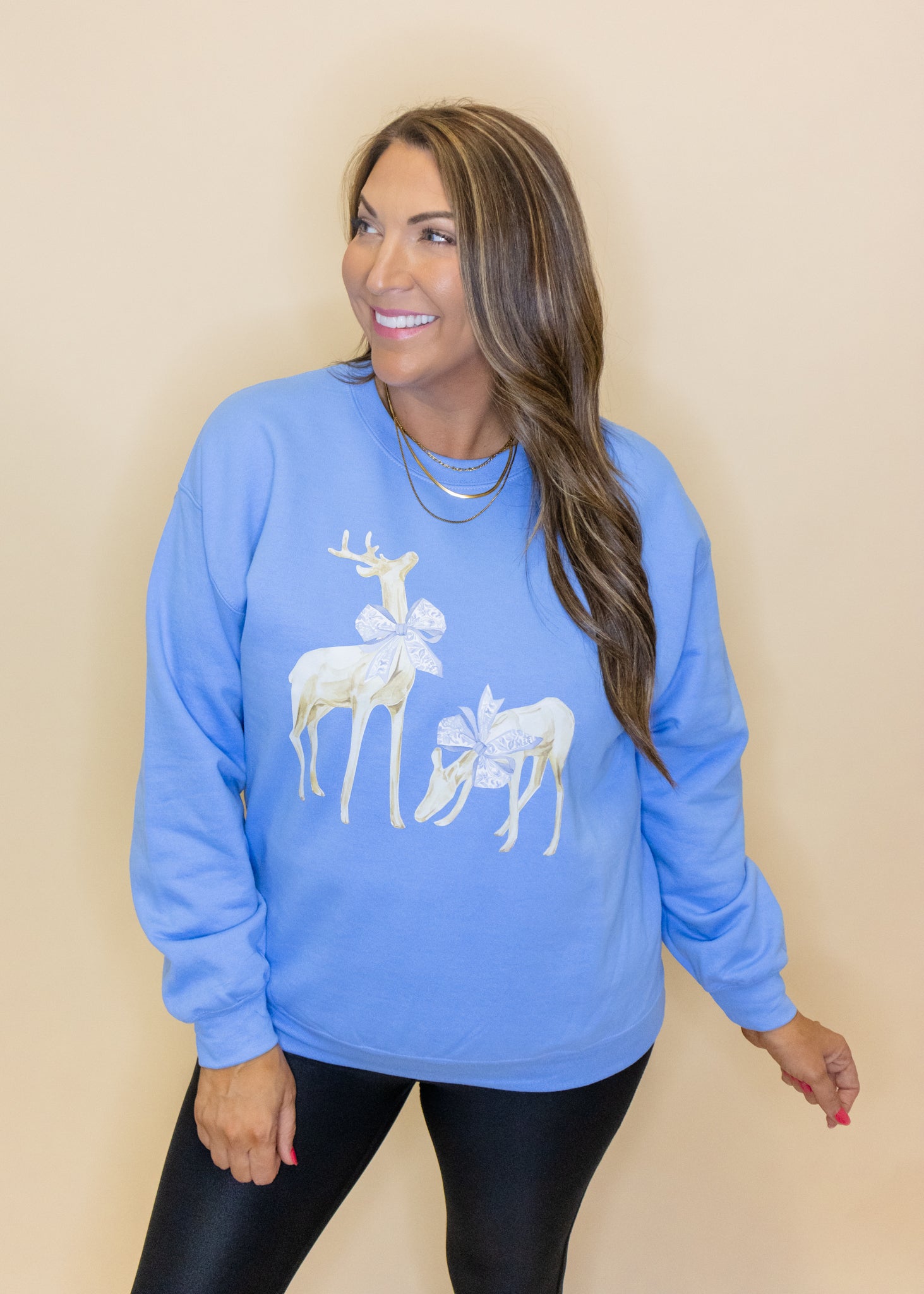 Reindeer Bow on Blue Sweatshirt