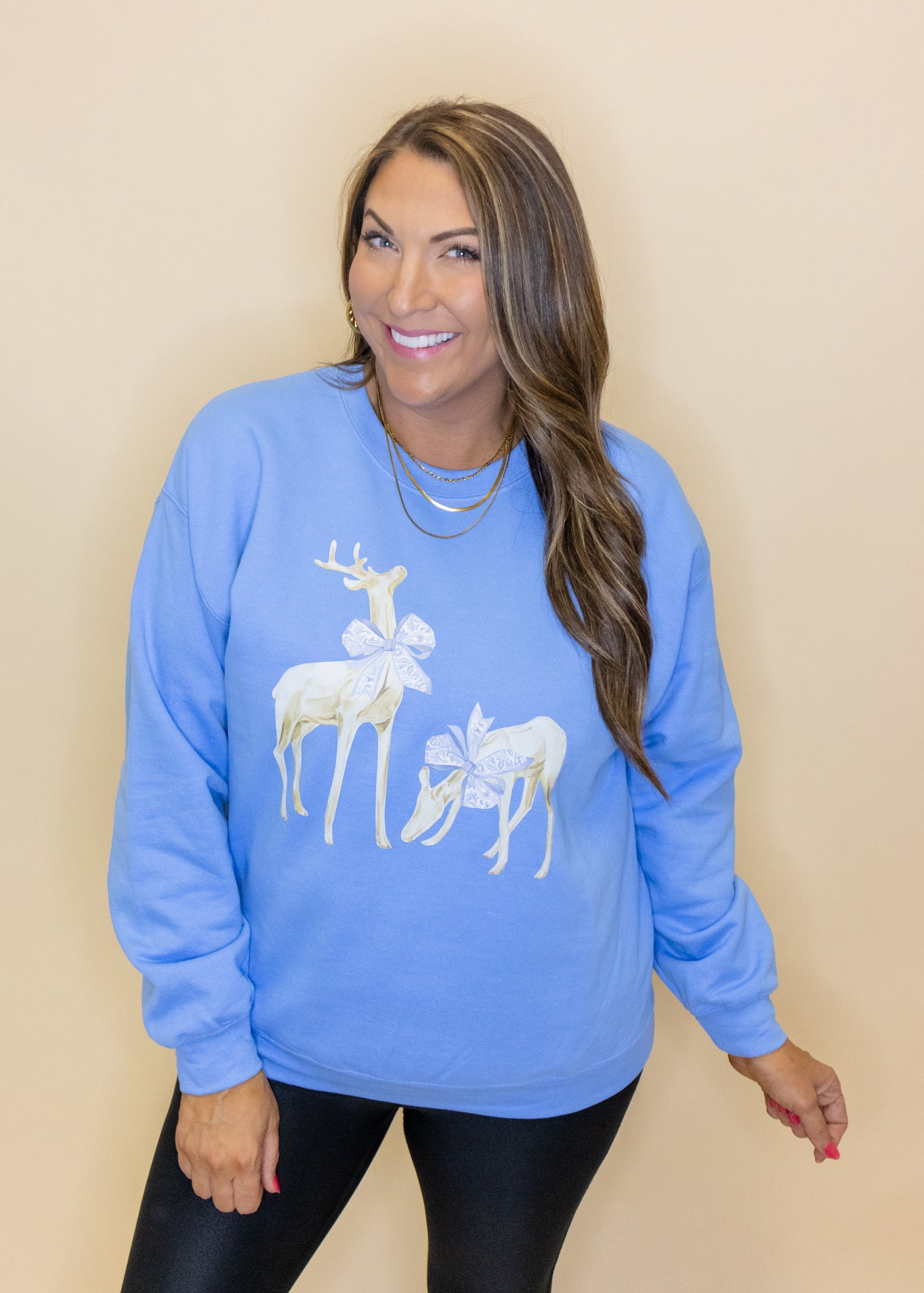 Reindeer Bow on Blue Sweatshirt