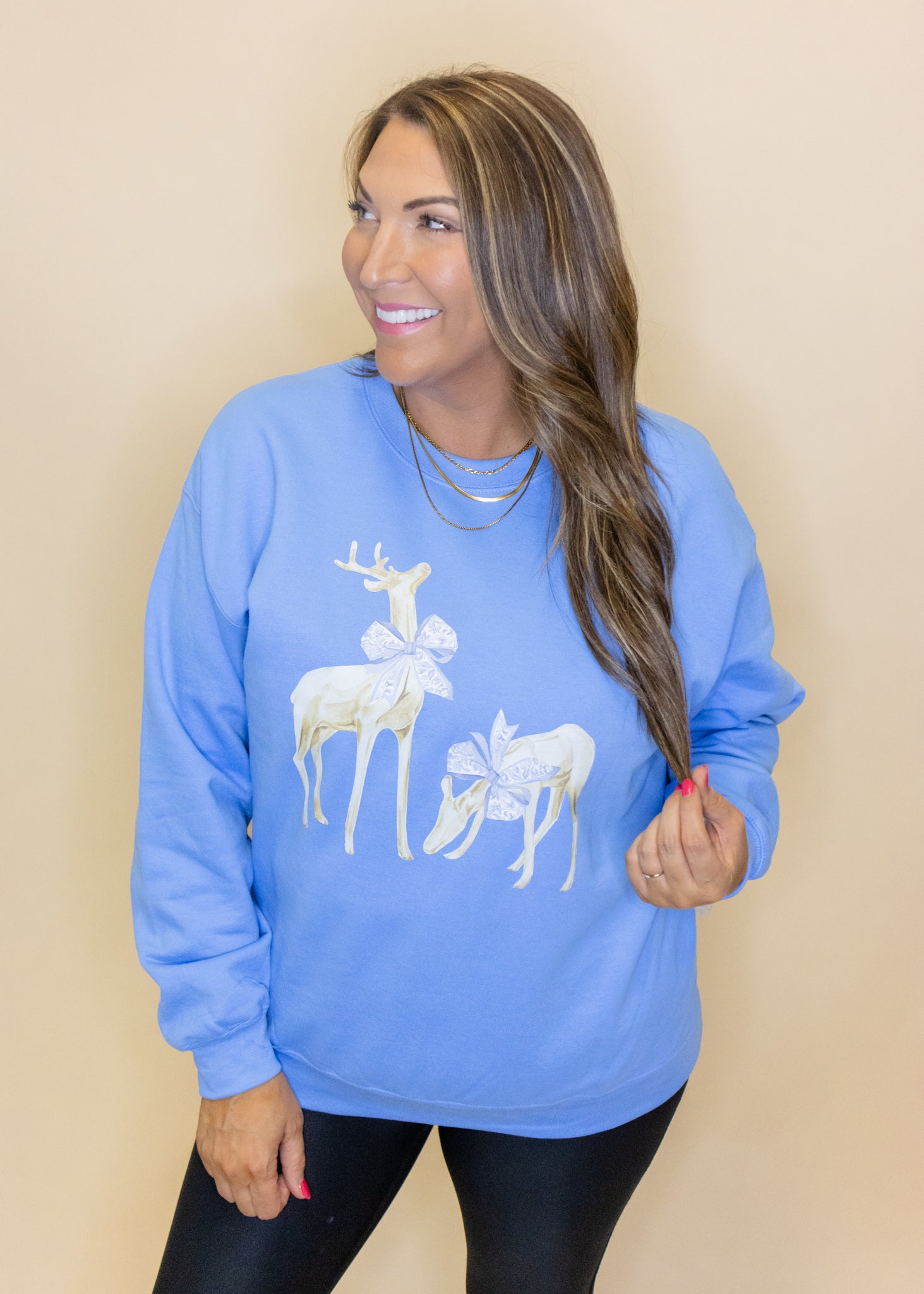 Reindeer Bow on Blue Sweatshirt