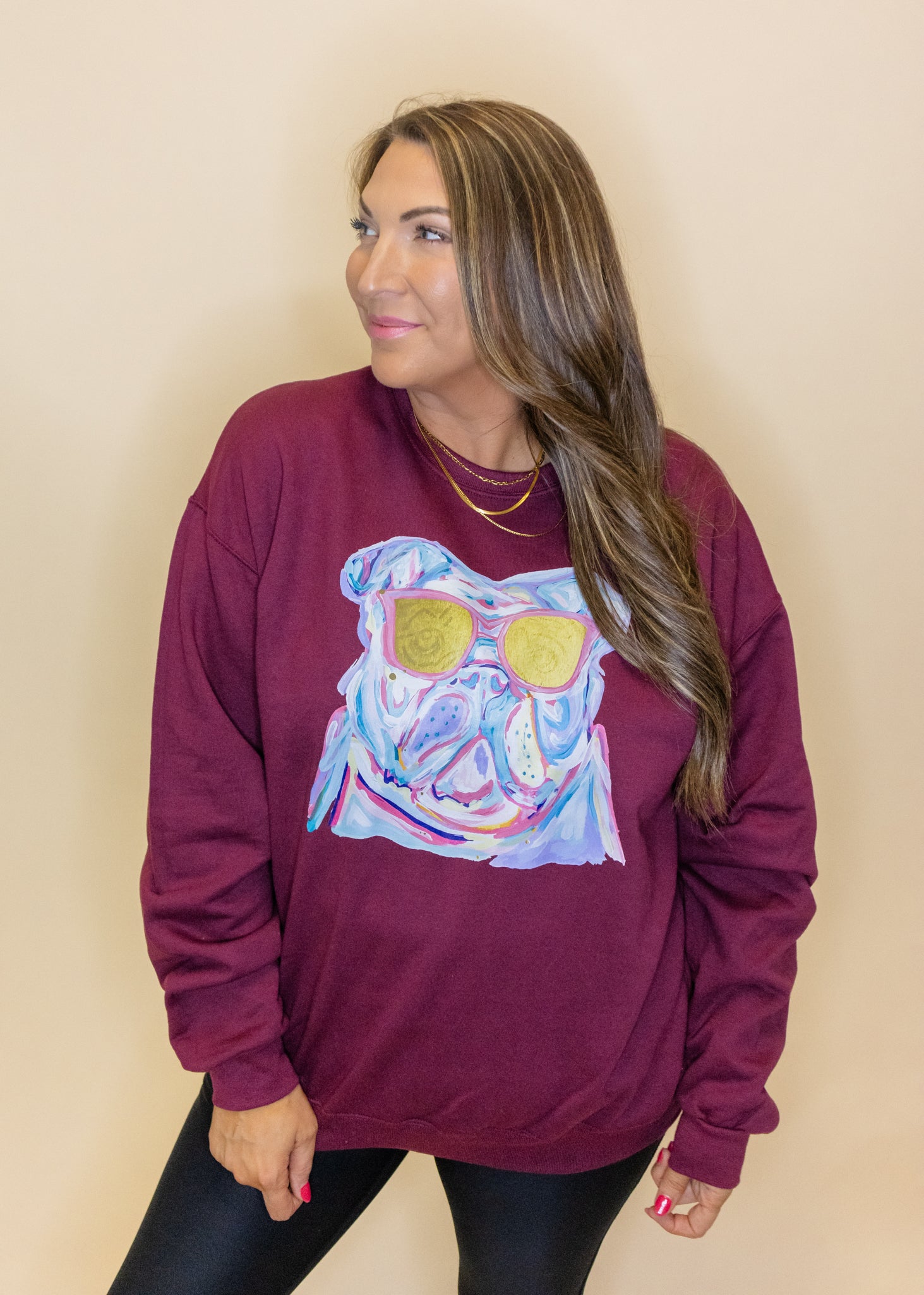 Fun Bulldog on Maroon Sweatshirt