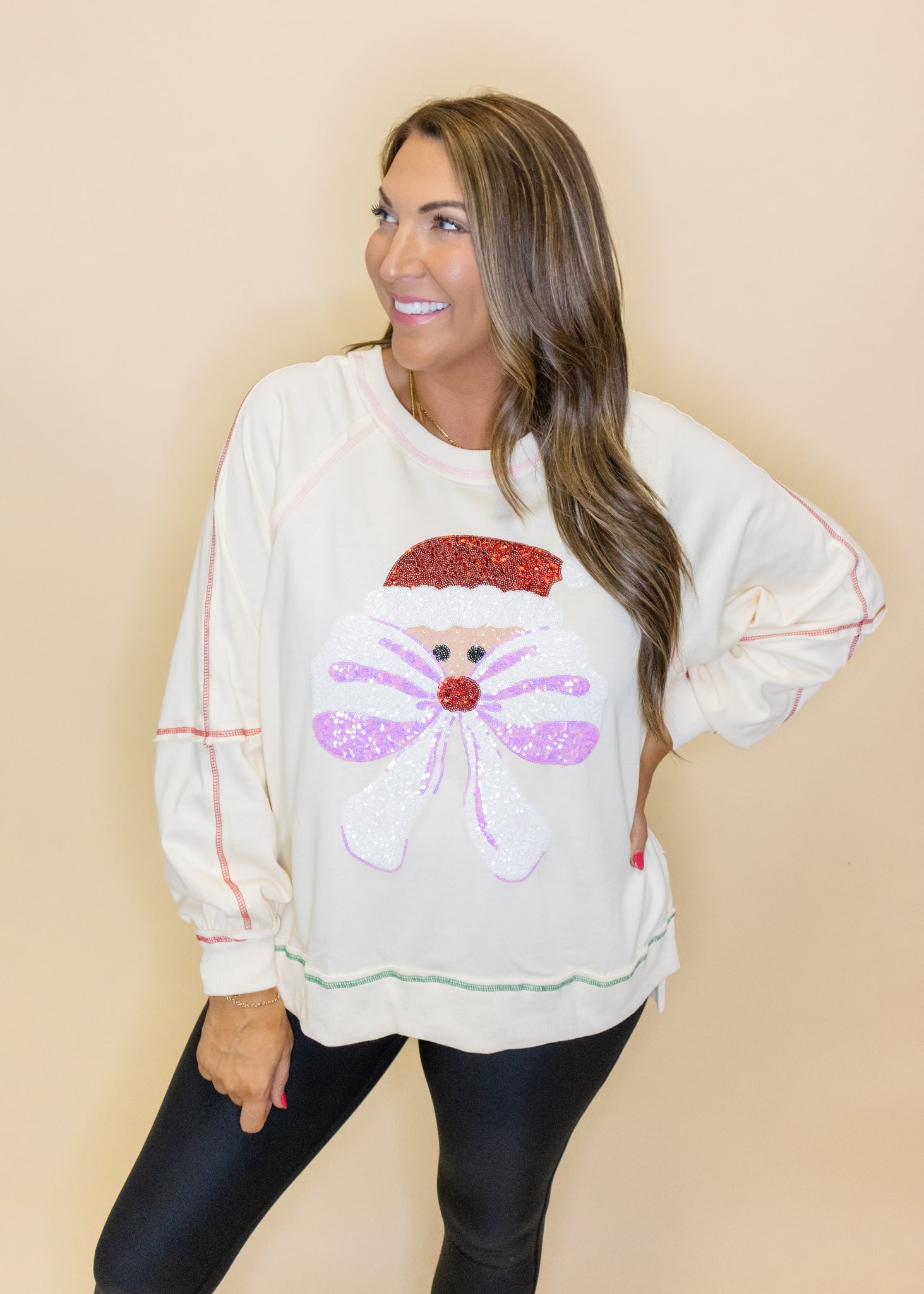 Cream Sequin Santa Bow Sweatshirt