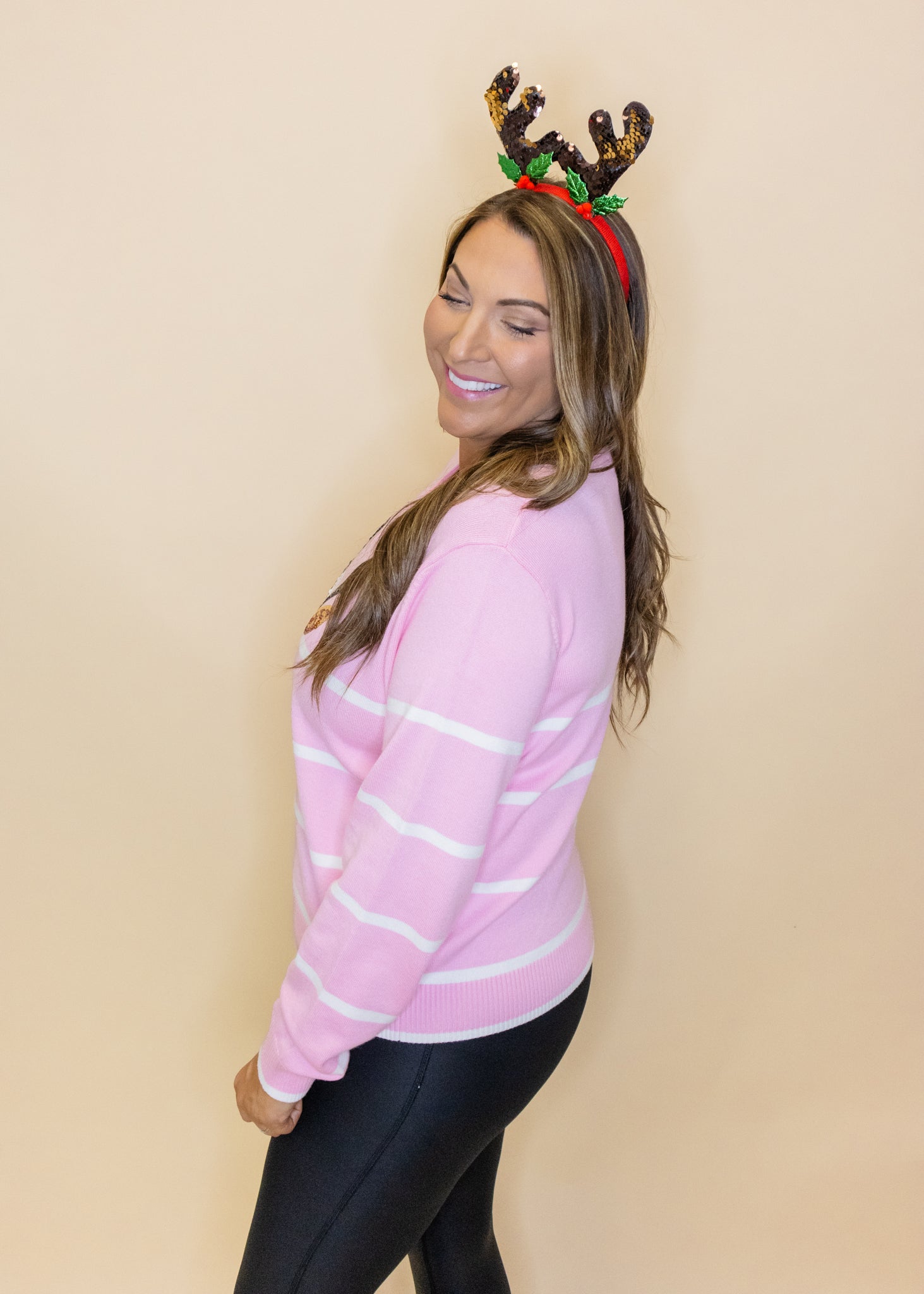 Pink Sequin Reindeer Stripe Sweater