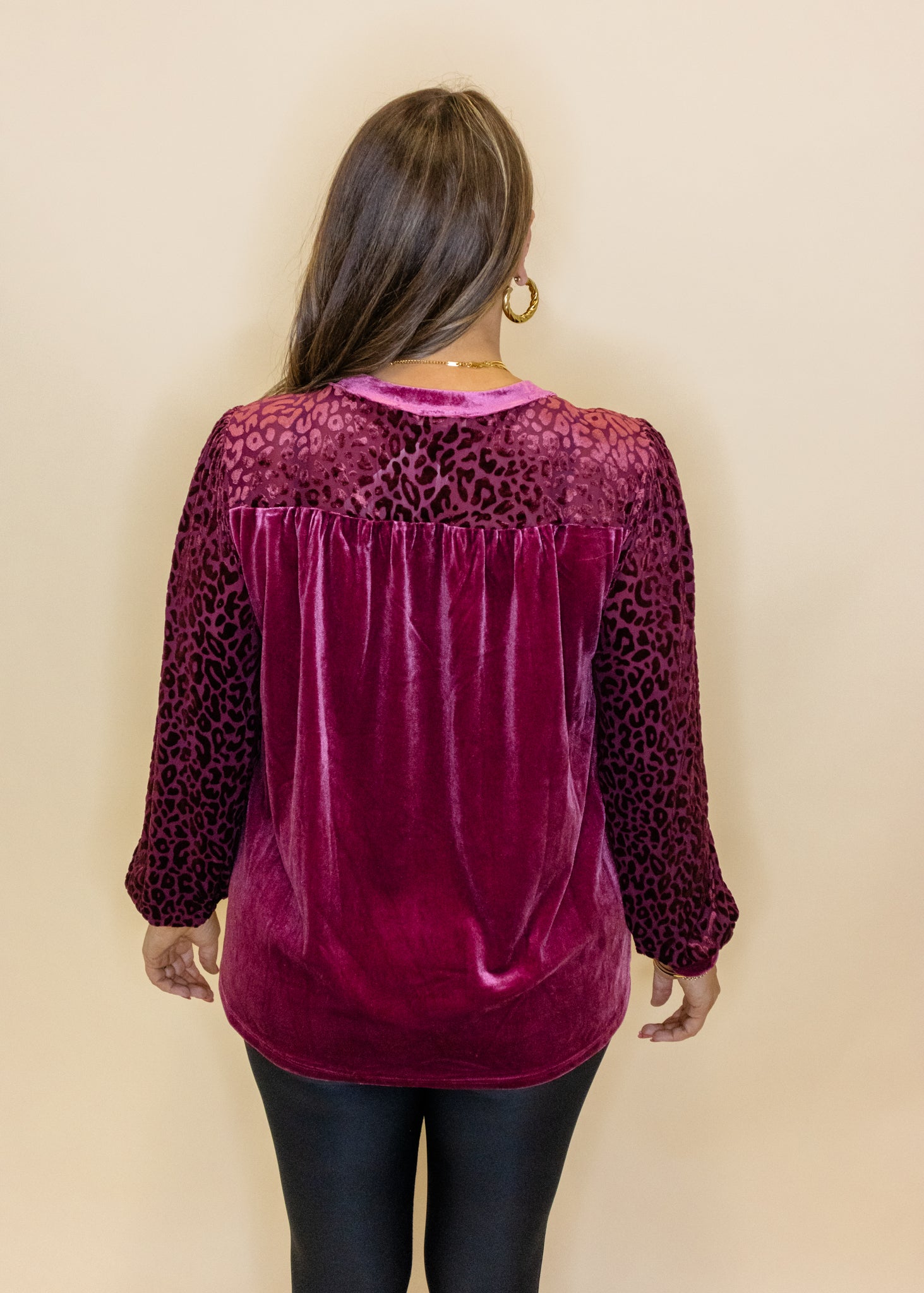 Burgundy Velvet Leopard Sleeve Top