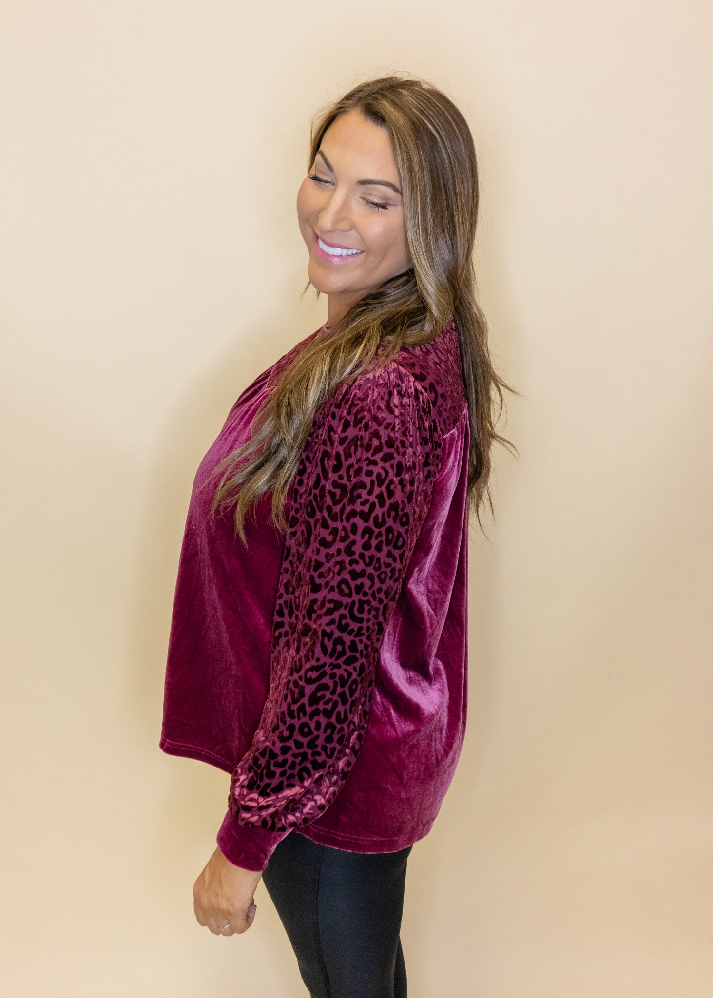 Burgundy Velvet Leopard Sleeve Top