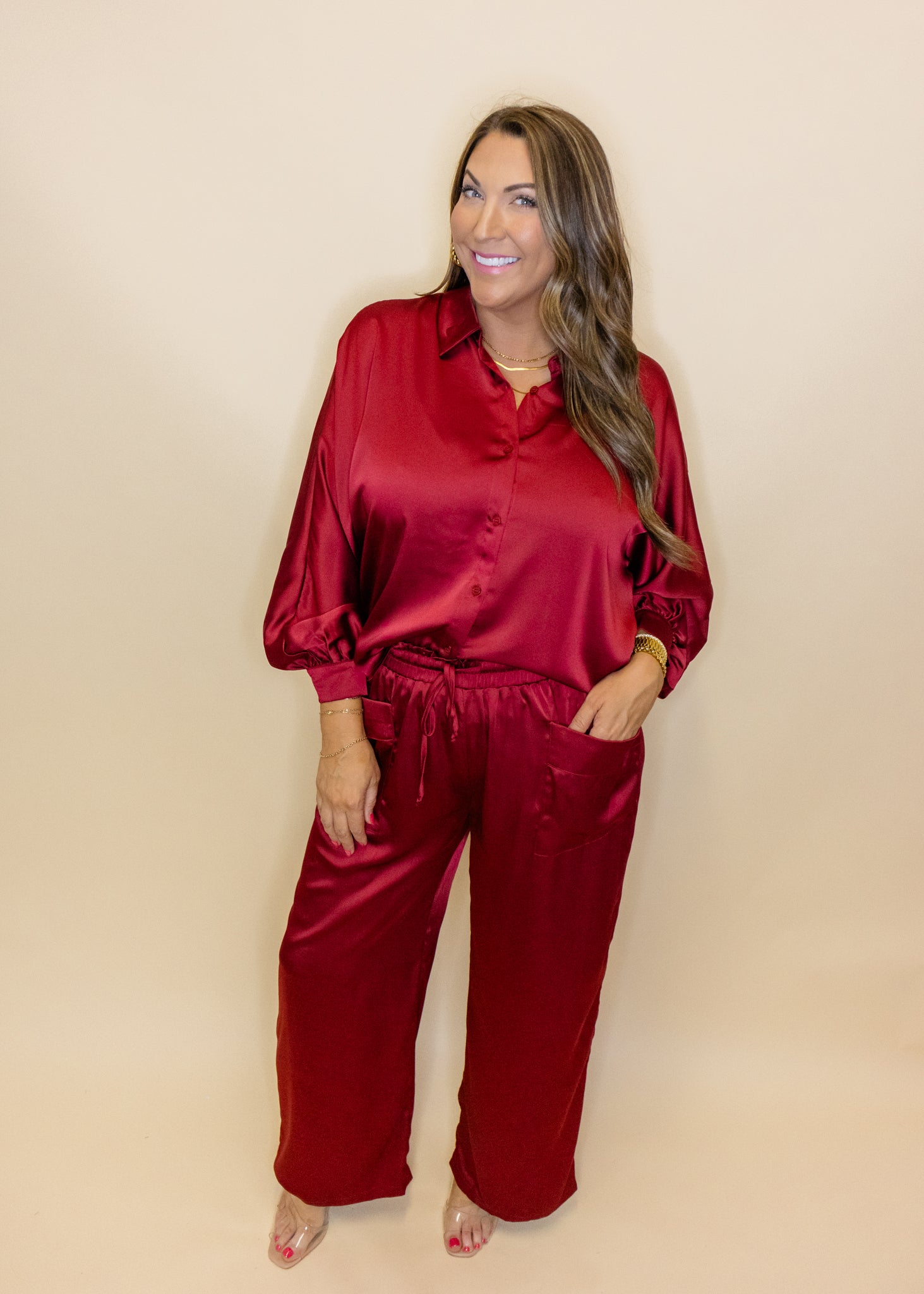 Burgundy Satin Pants Set