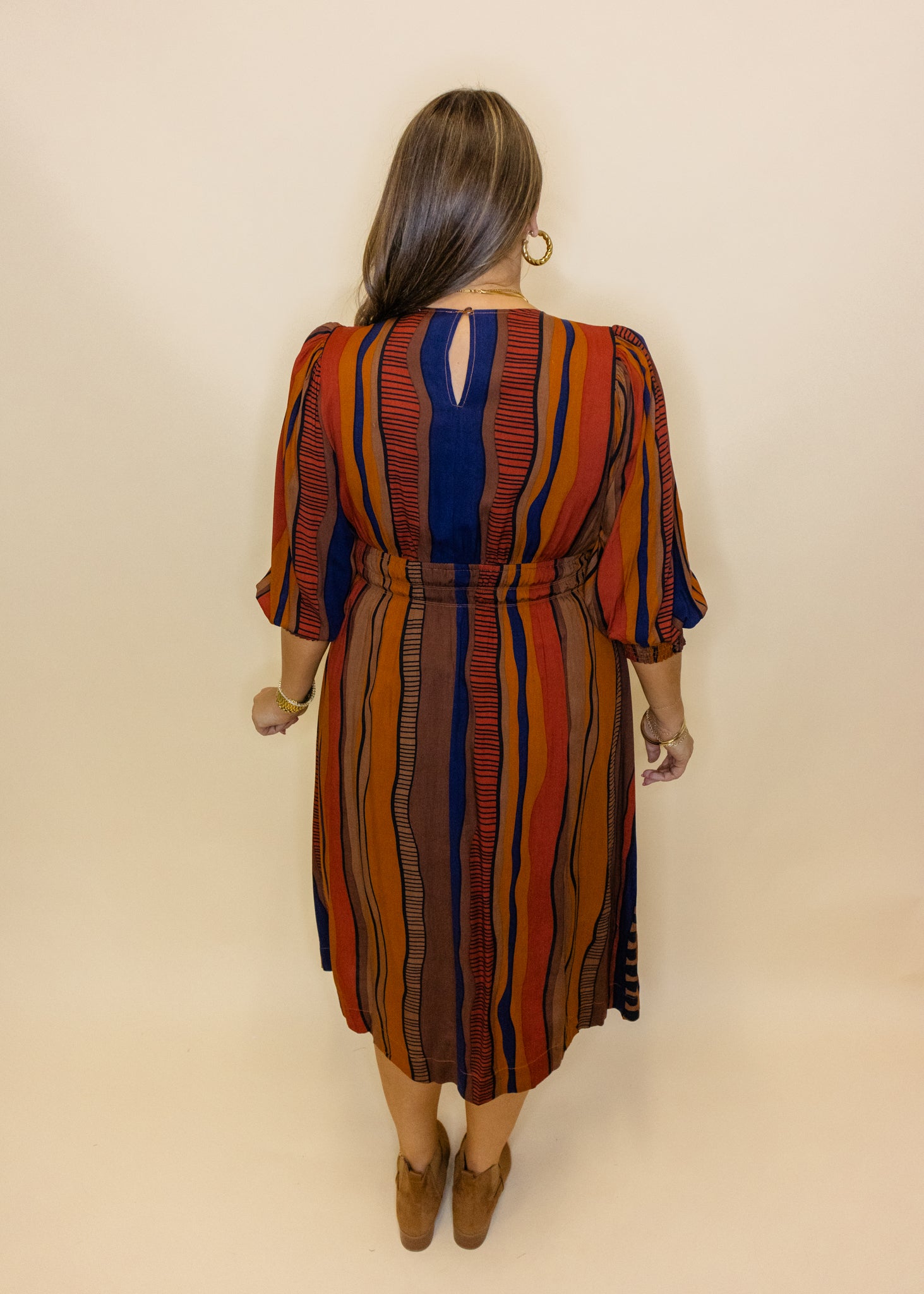 Brown Abstract Smocked Midi Dress