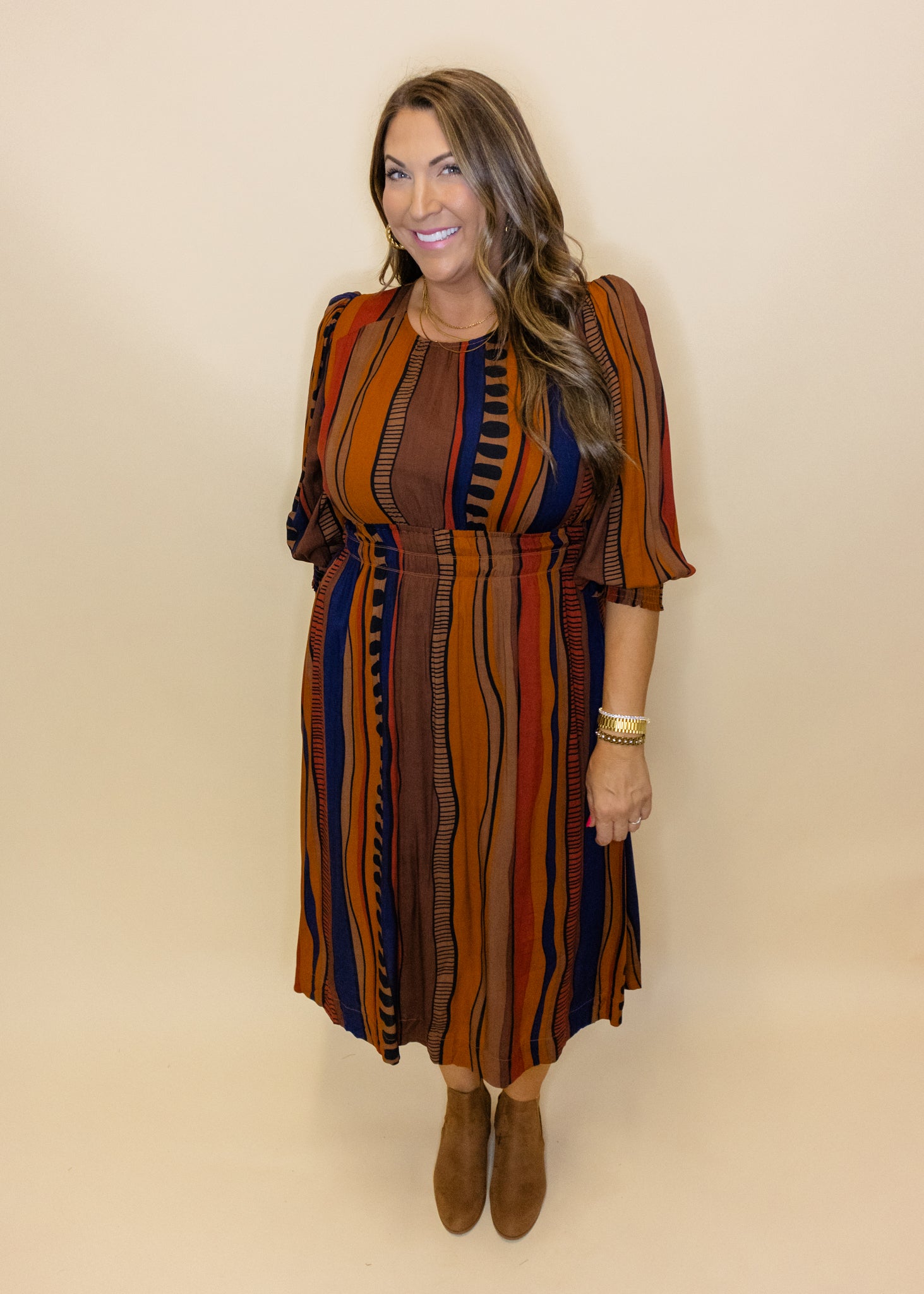 Brown Abstract Smocked Midi Dress