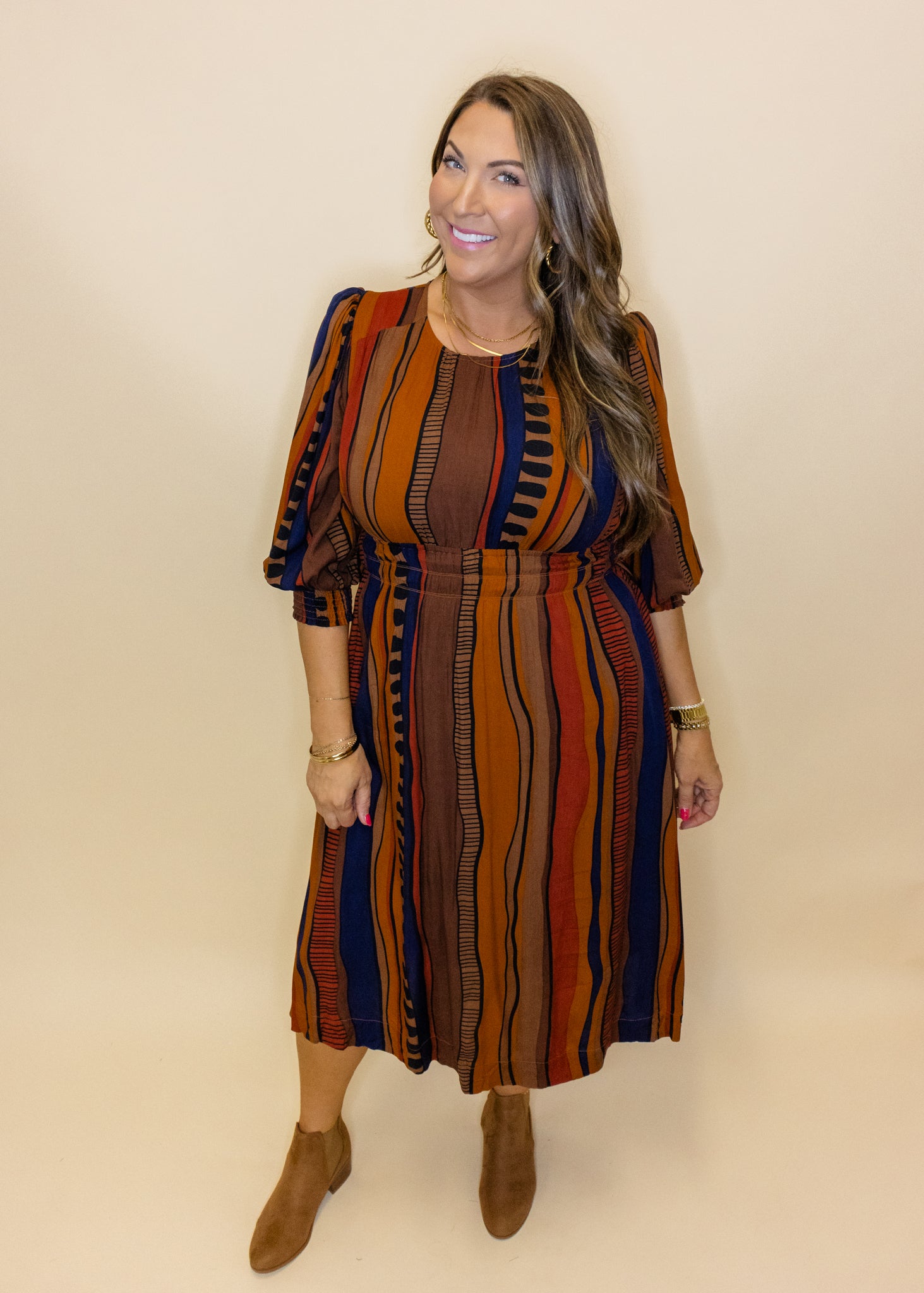 Brown Abstract Smocked Midi Dress