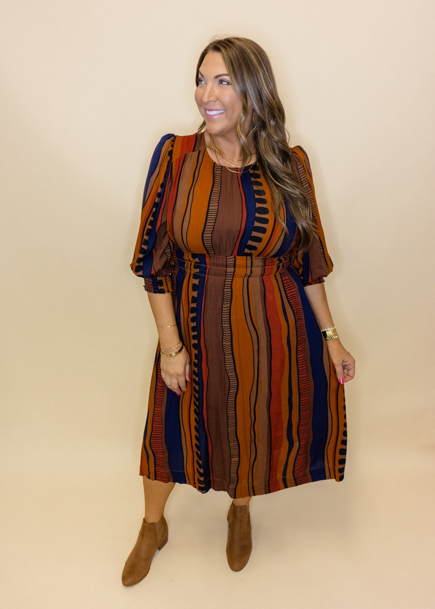 Brown Abstract Smocked Midi Dress