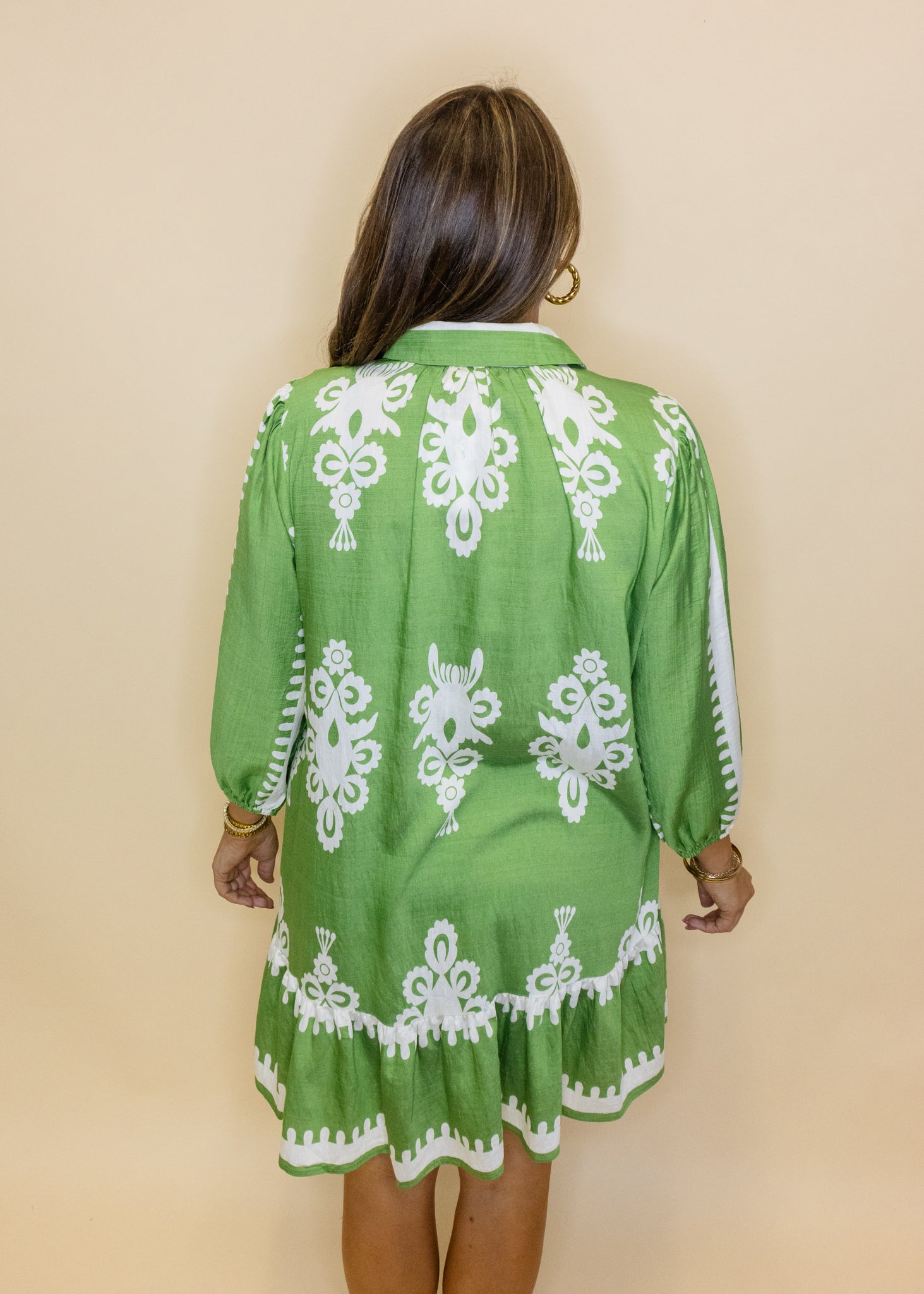 Green Border Print Ruffle Dress