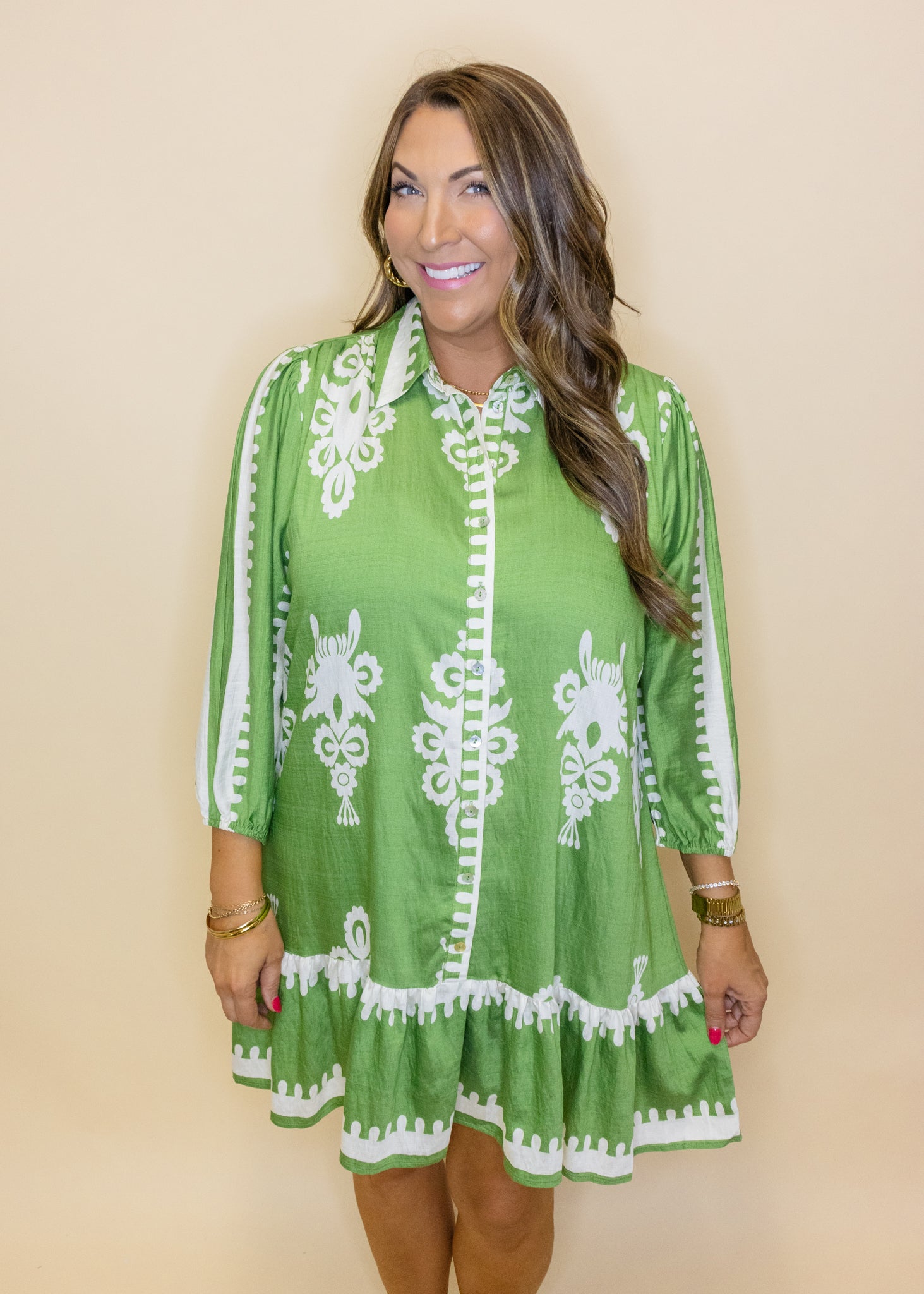 Green Border Print Ruffle Dress