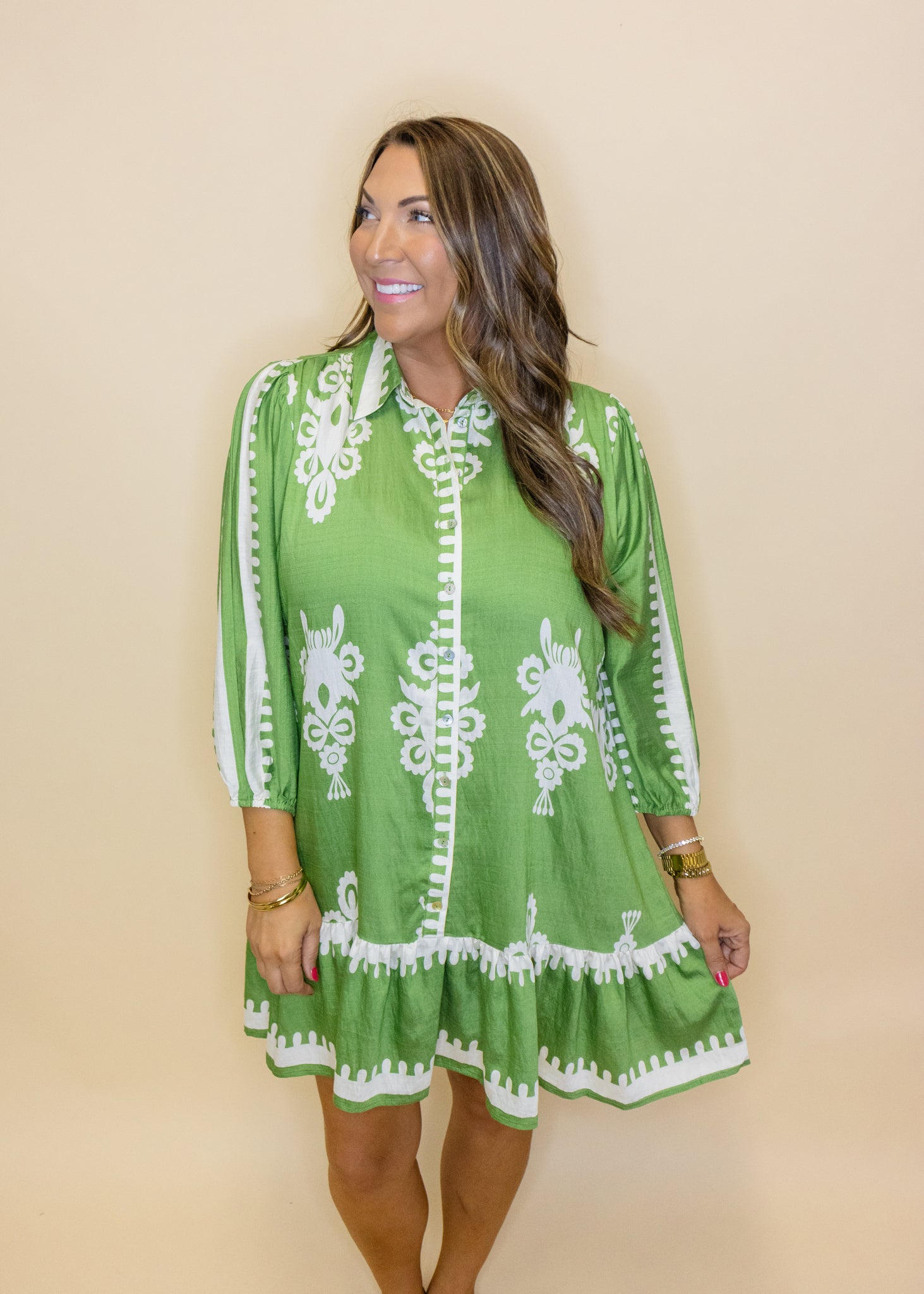 Green Border Print Ruffle Dress