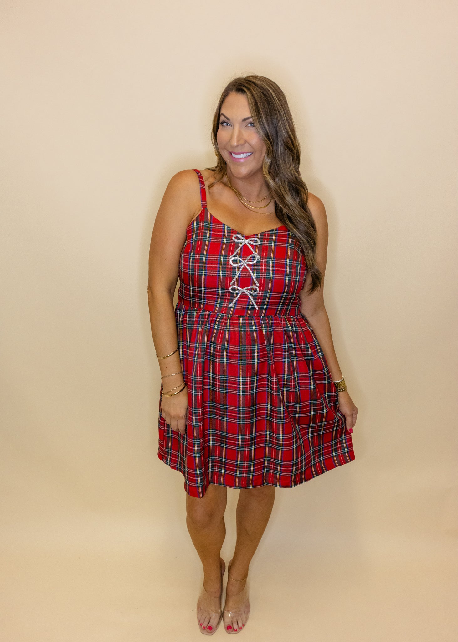 Red Plaid Rhinestone Bow Dress