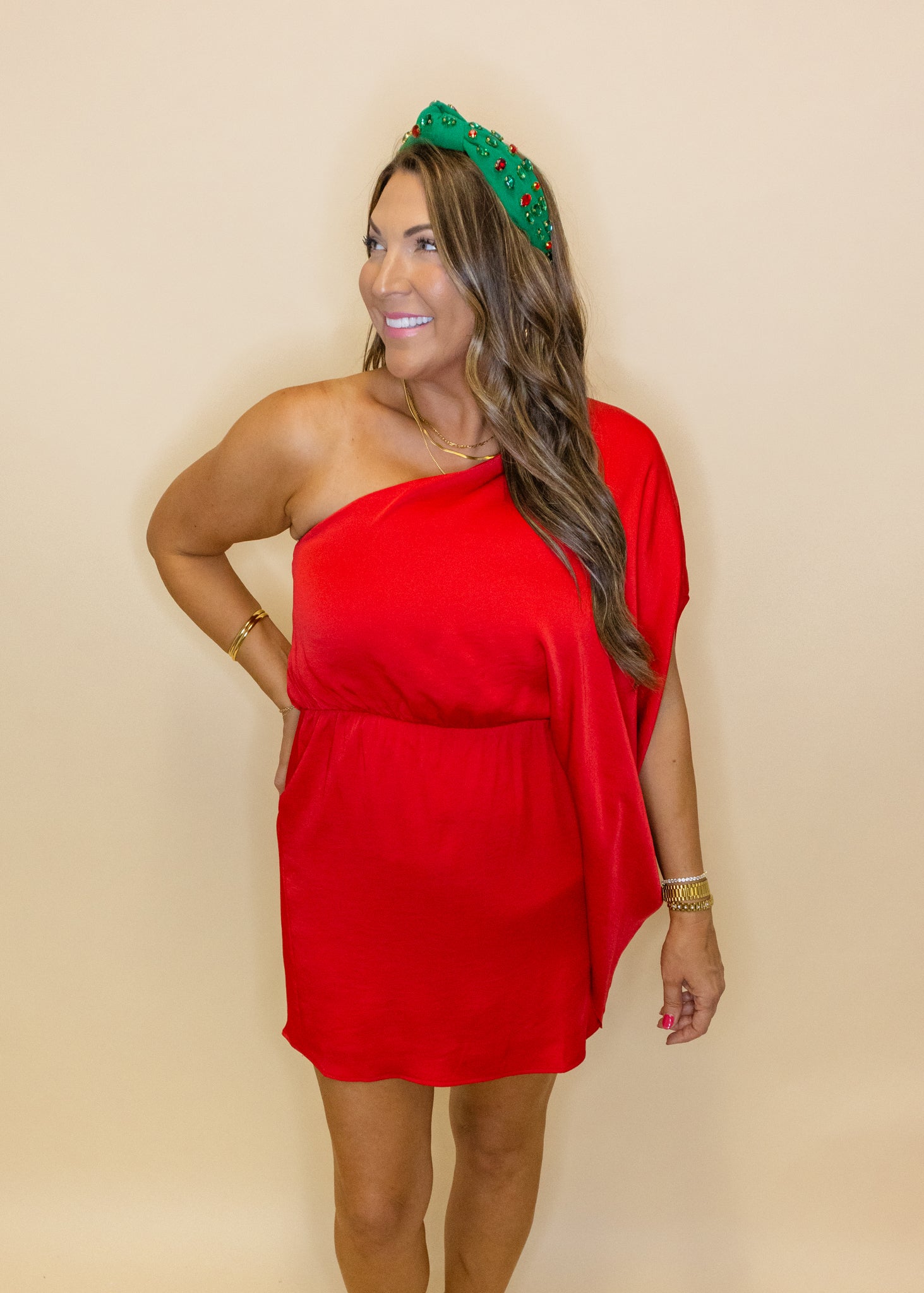 Red Silk One Shoulder Dress