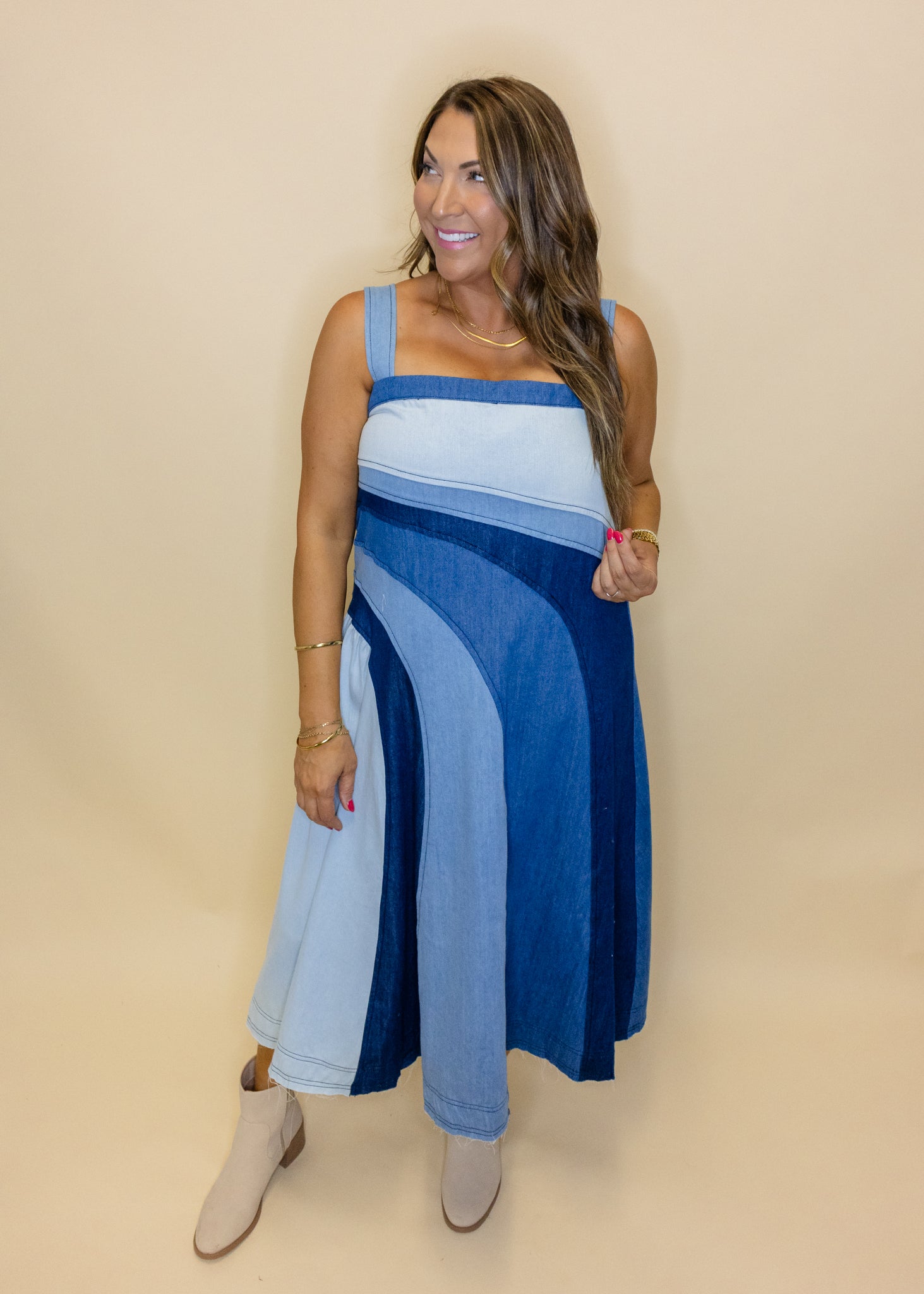 Denim Swirl Colorblock Midi Dress