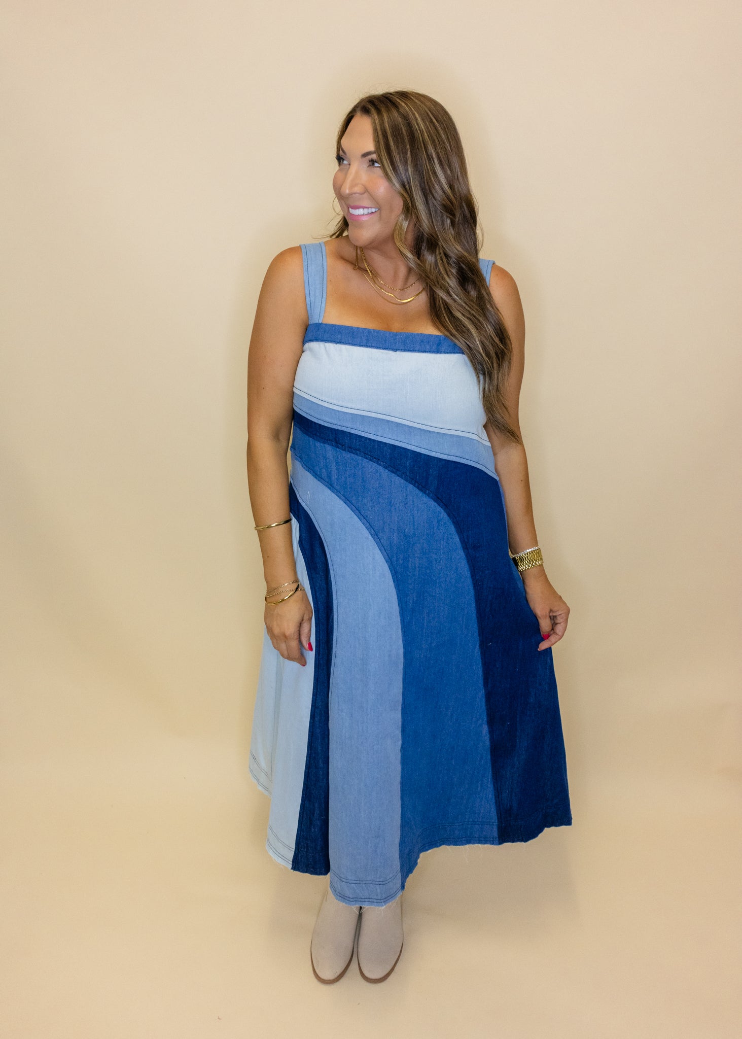 Denim Swirl Colorblock Midi Dress