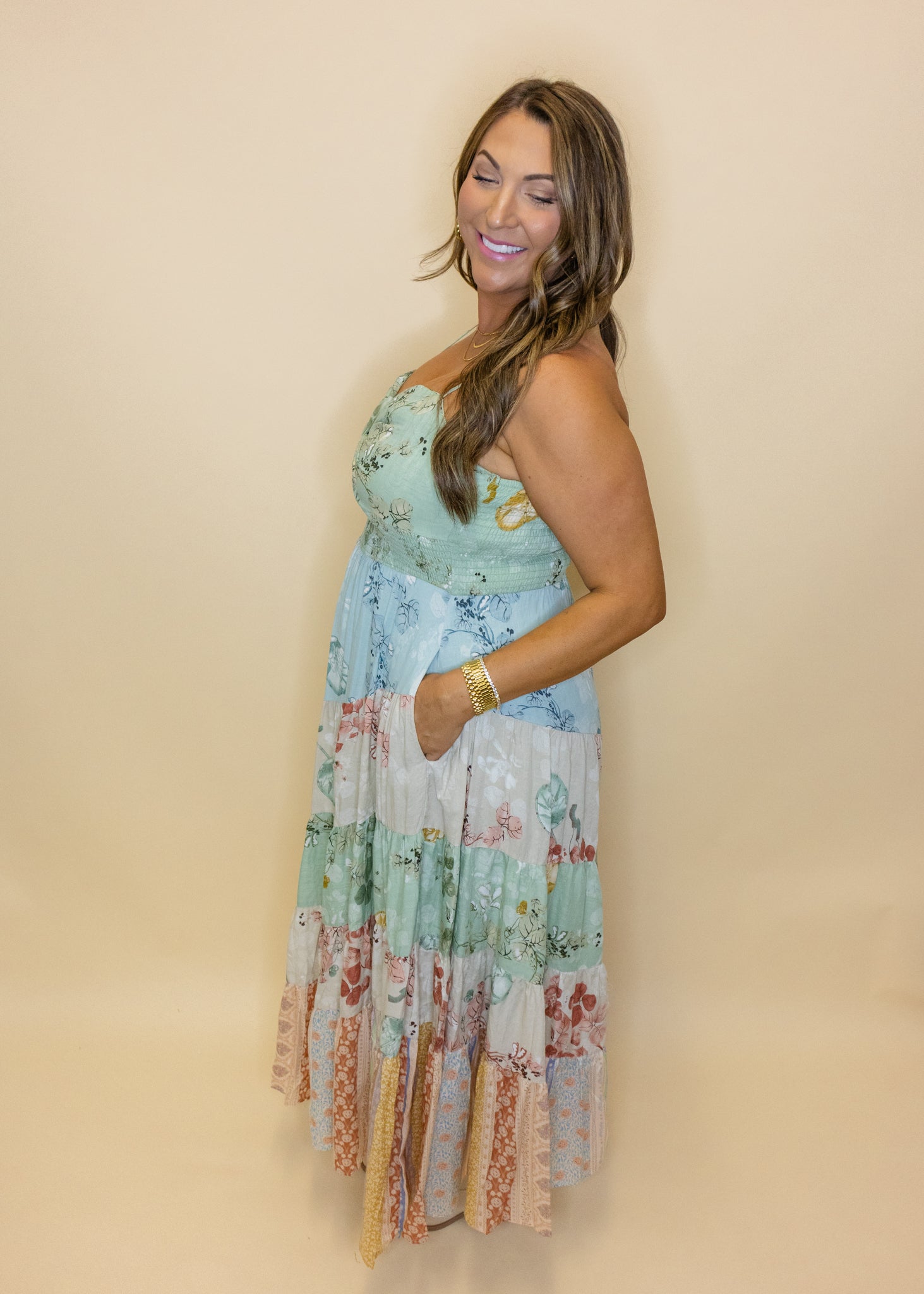 Sage Floral Smocked Maxi Dress