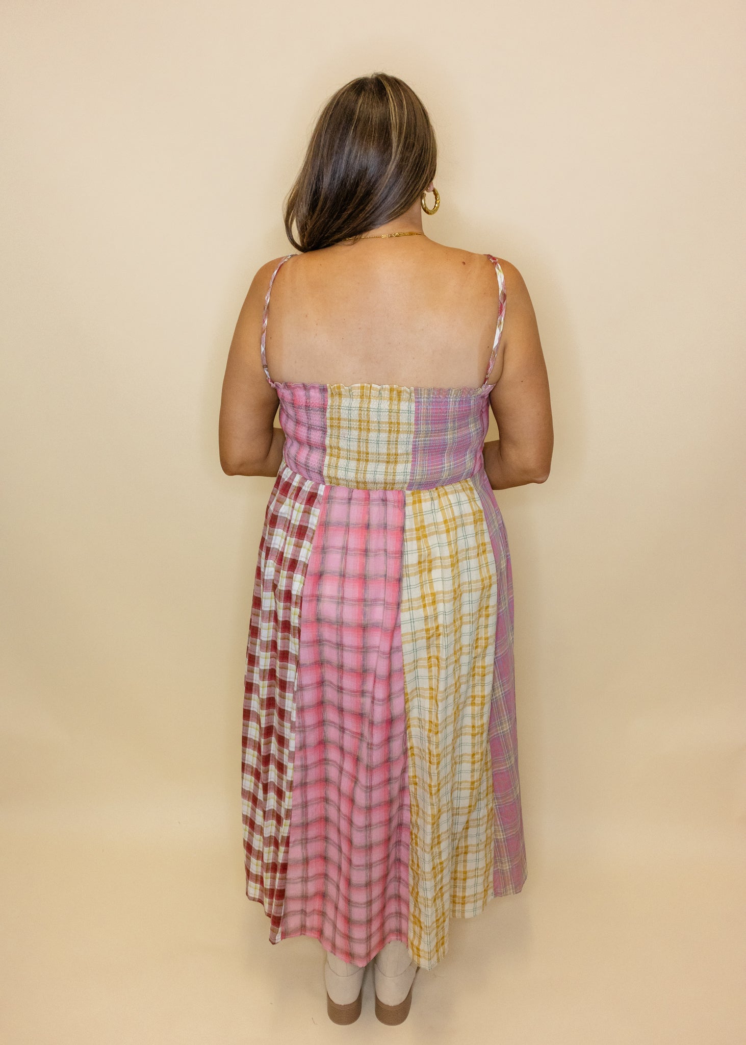 Pink Mixed Plaid Midi Dress