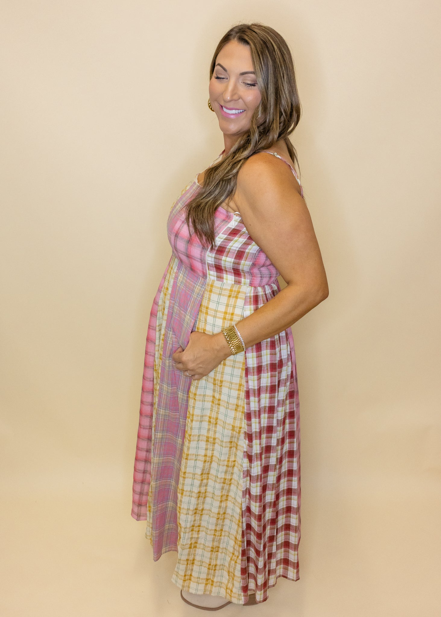 Pink Mixed Plaid Midi Dress