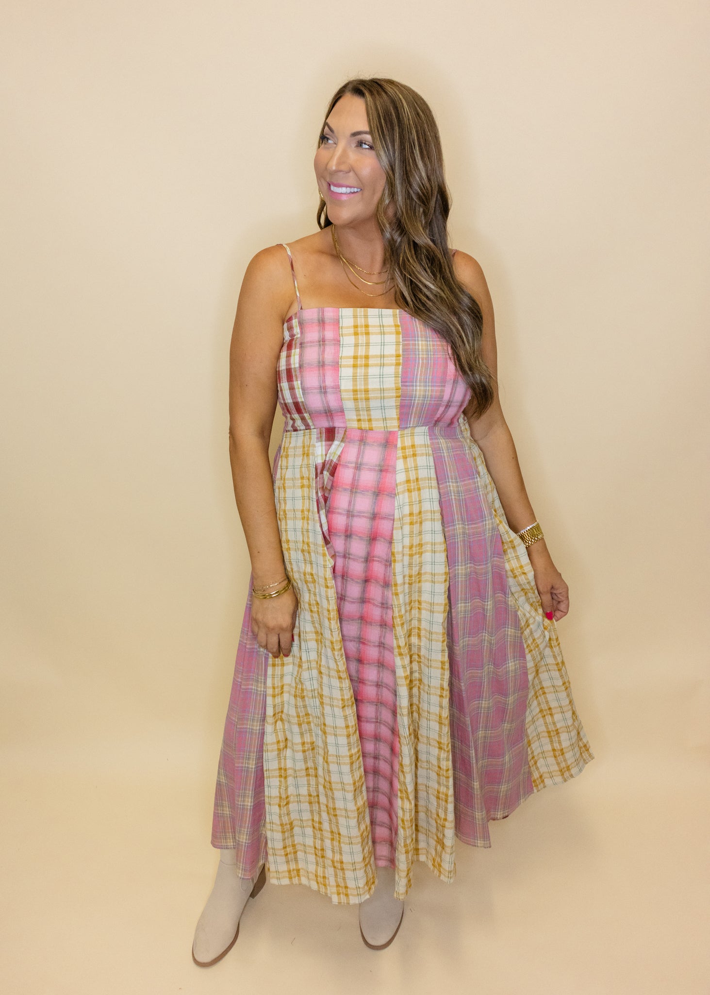 Pink Mixed Plaid Midi Dress