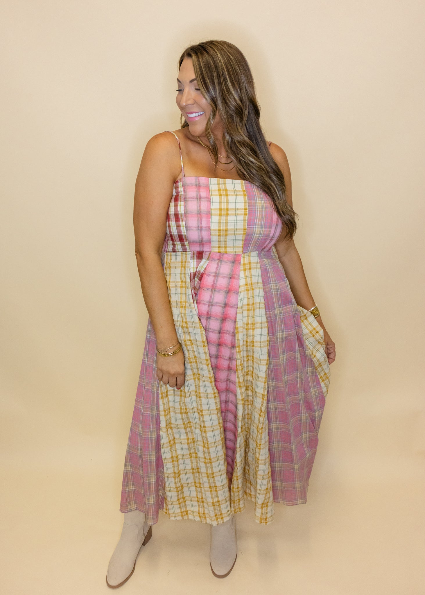 Pink Mixed Plaid Midi Dress