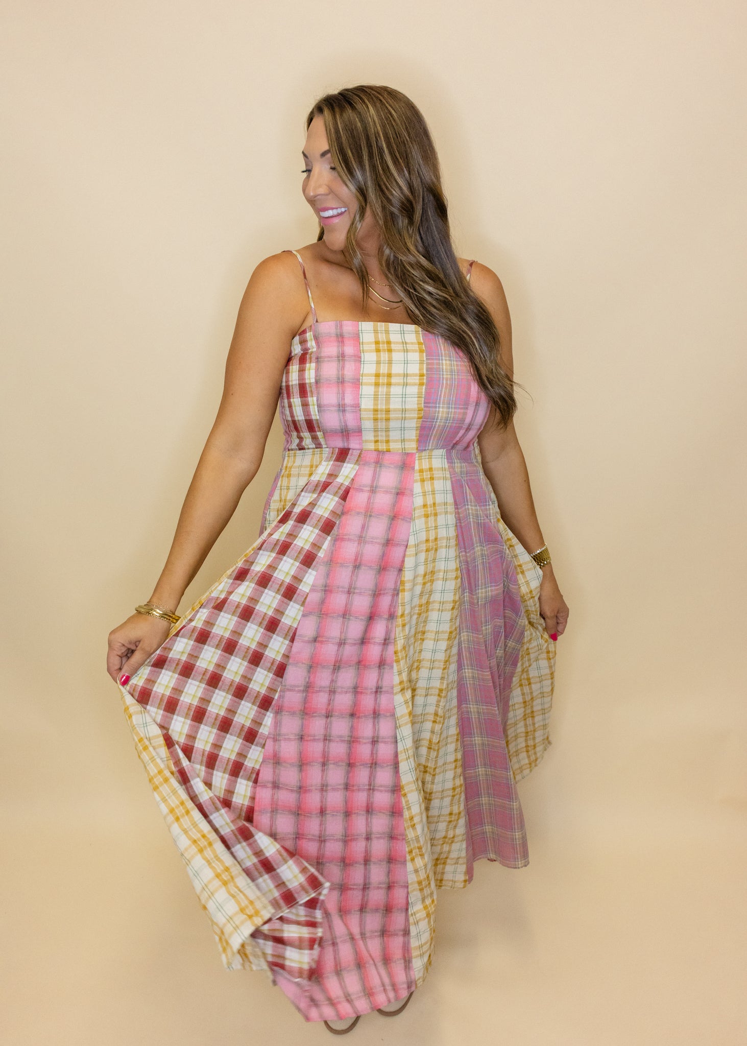 Pink Mixed Plaid Midi Dress