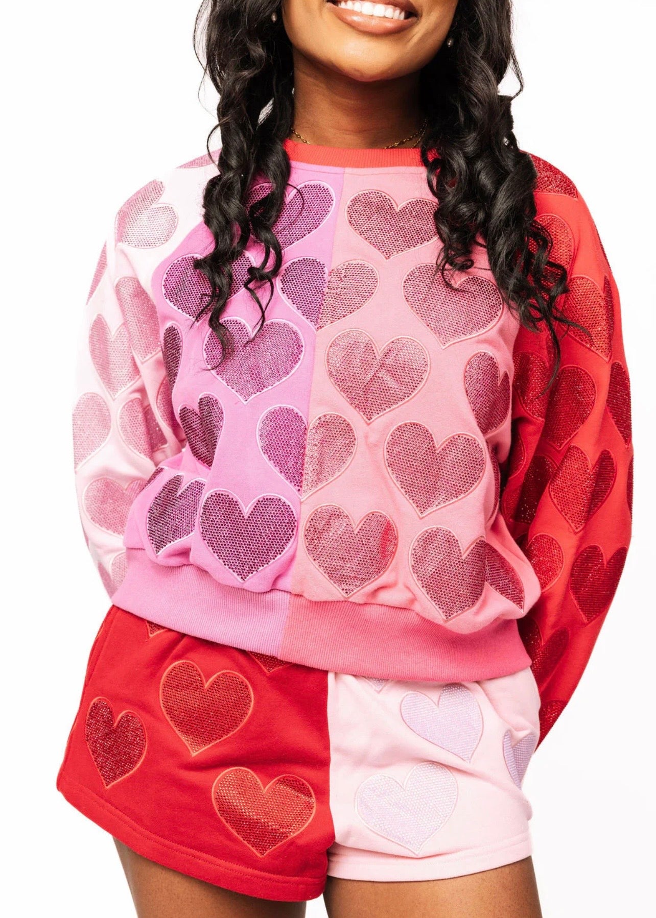 Colorblock Rhinestone Hearts Sweatshirt