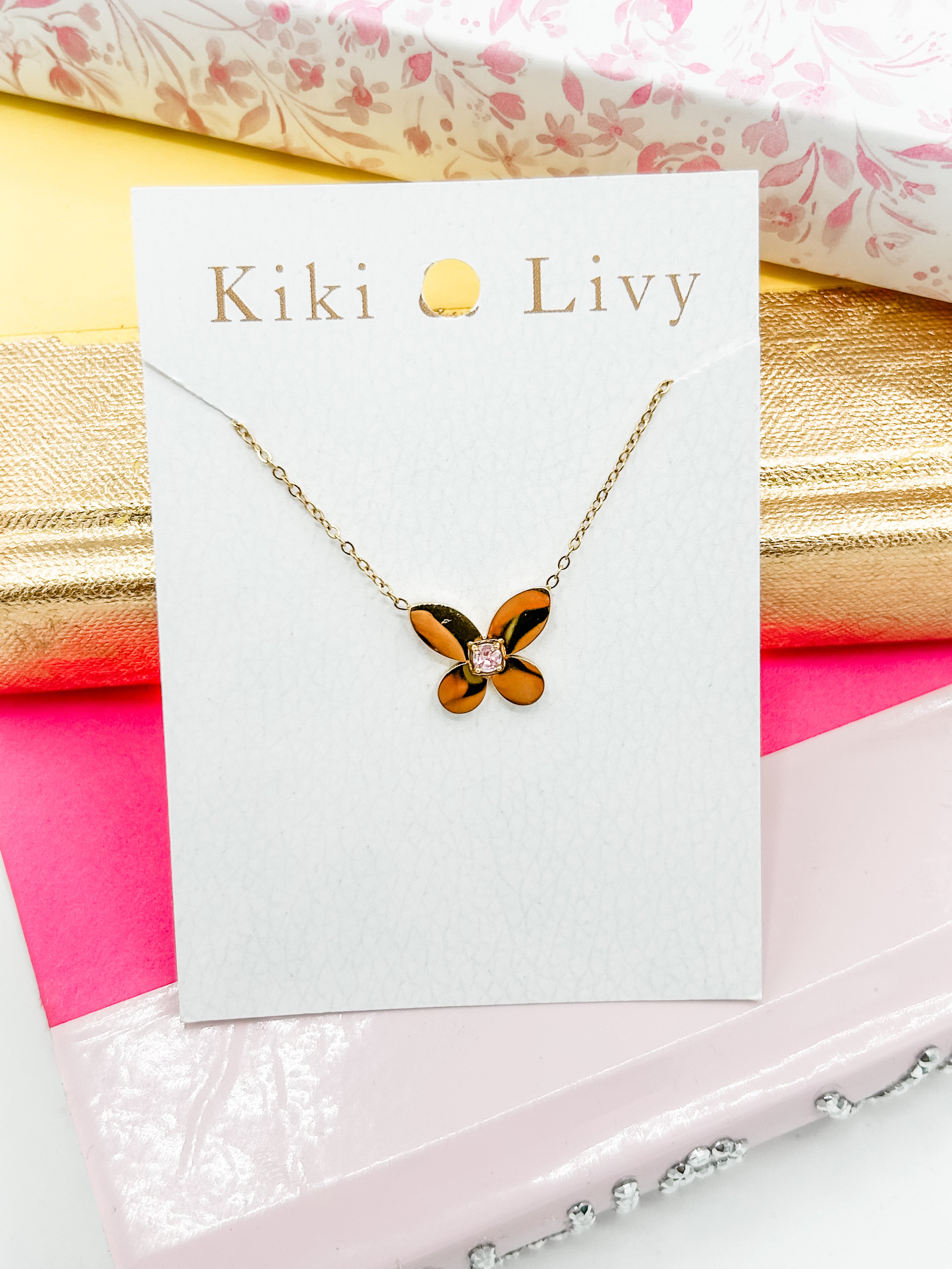 Pink Stone Butterfly Necklace