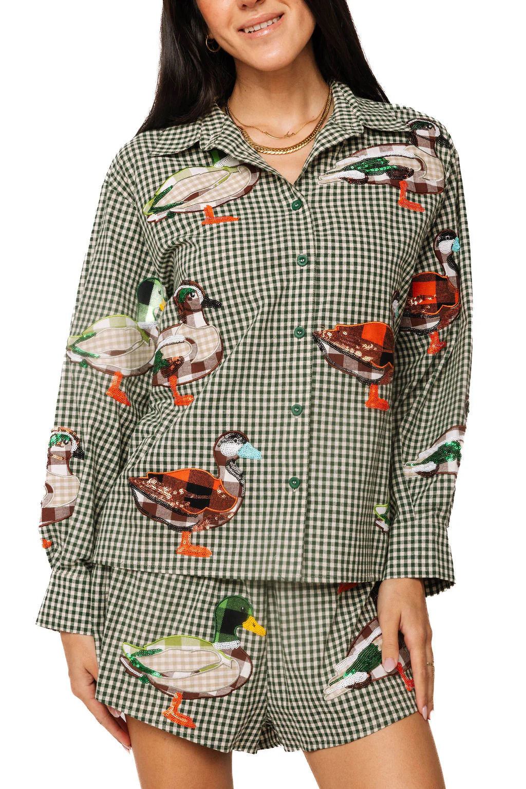 Green & White Gingham Duck Button Up Top