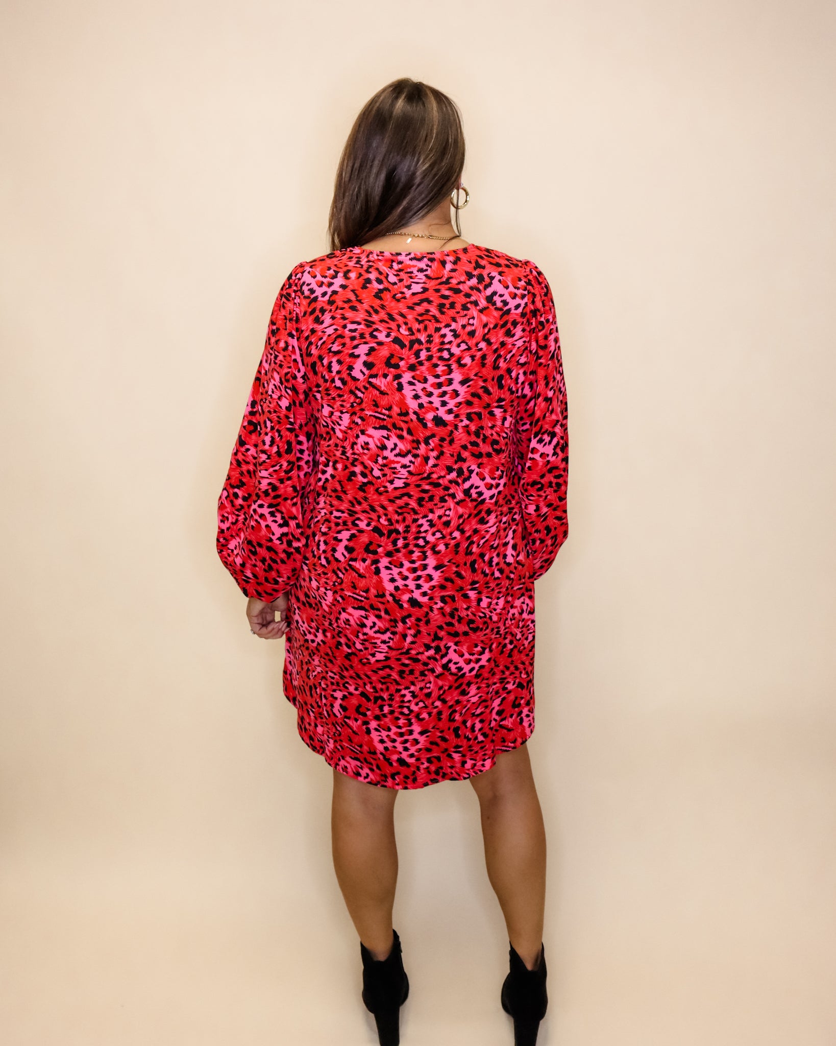 Red Leopard Balloon Sleeve Dress