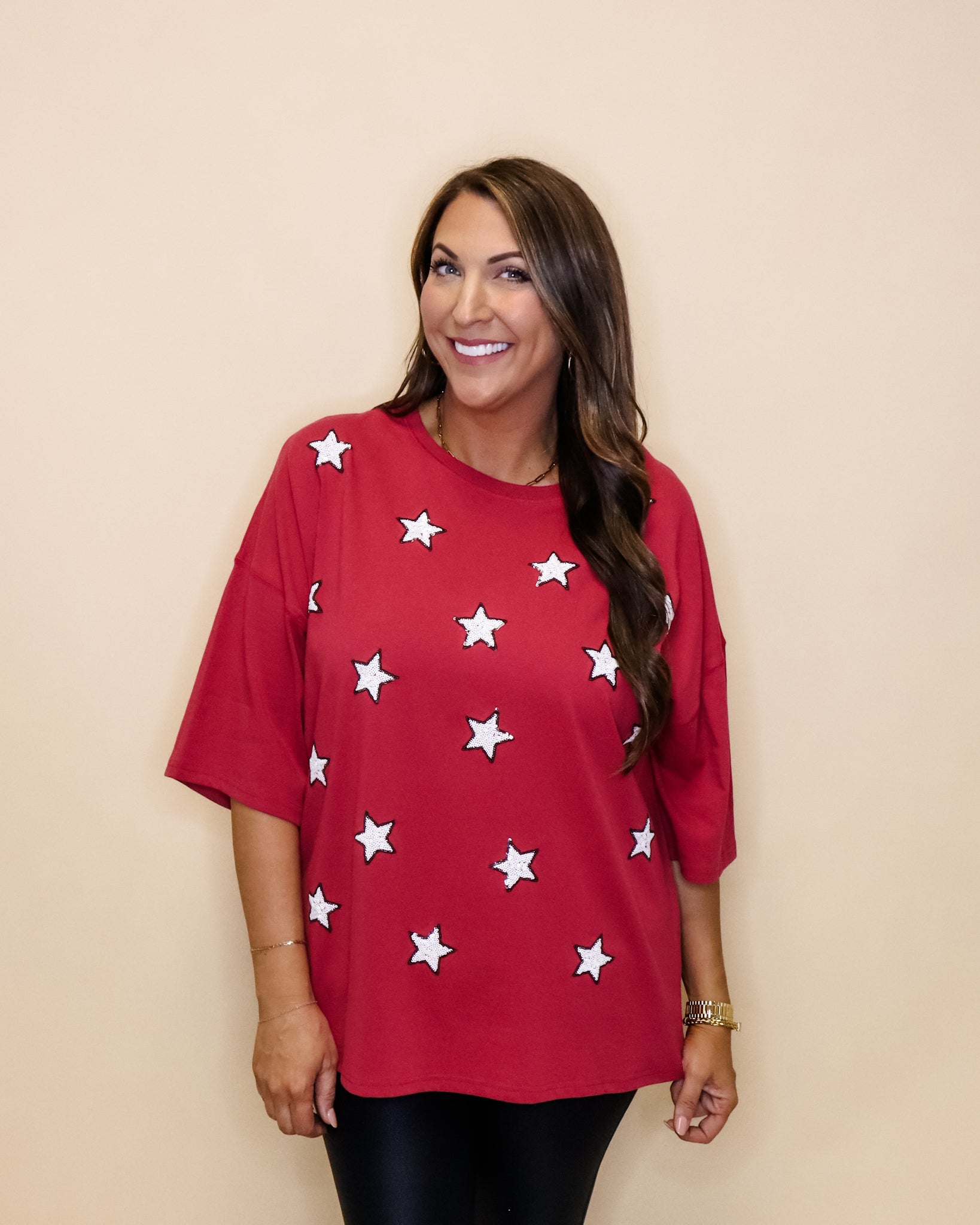 Crimson Star Sequins Patched Tee