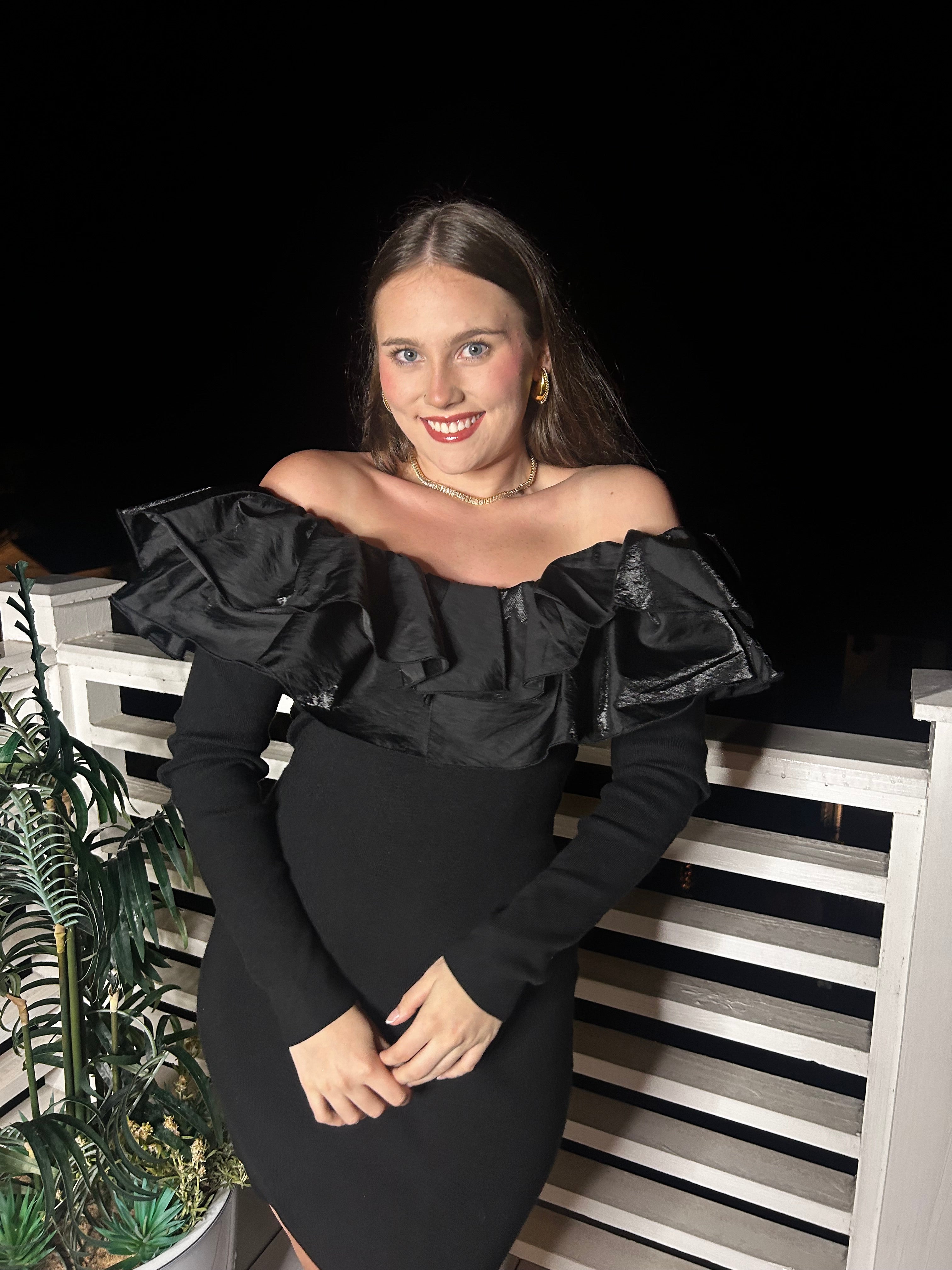 Black Ruffle Detail Sweater Mini Dress