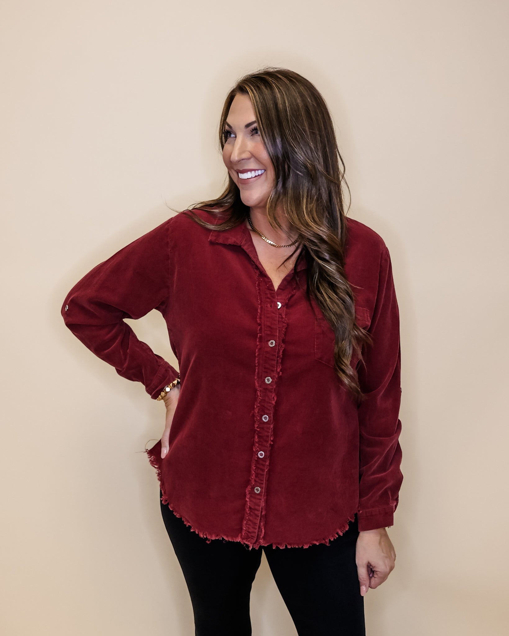 Maroon Corduroy Button-Up Top