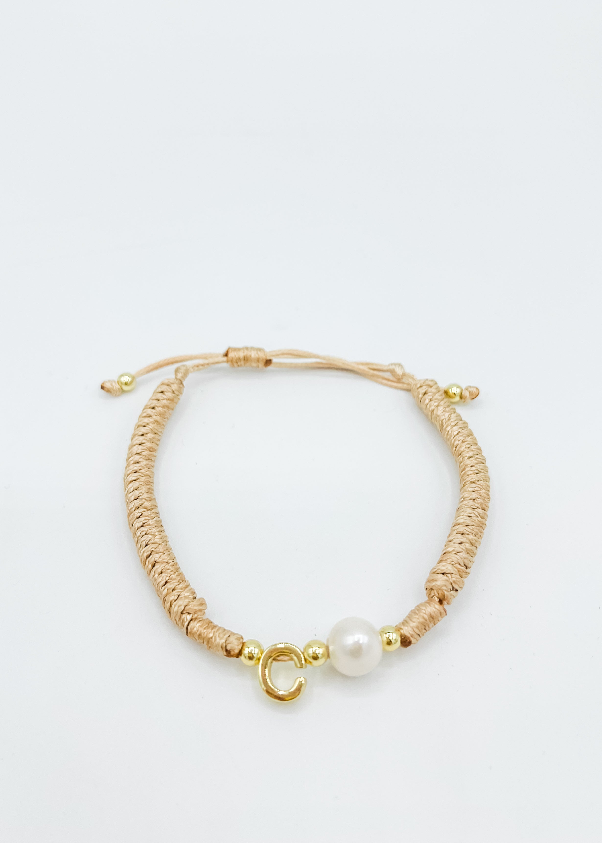 Beige Braided Freshwater Pearl Gold Letter Bracelet