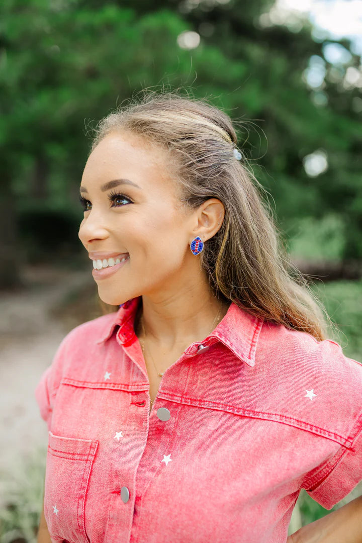 Blue Beaded Football Stud Earrings