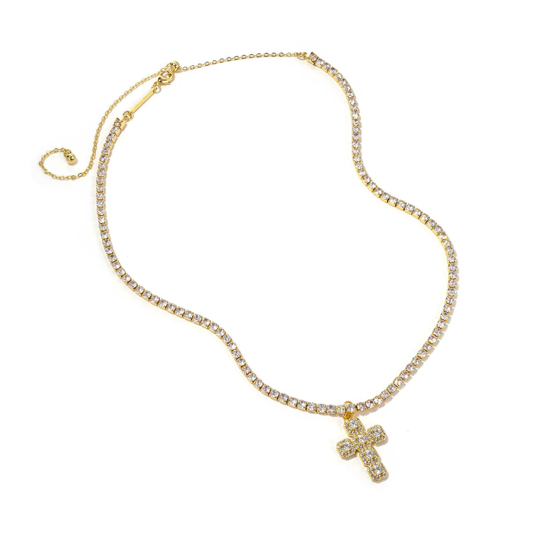 Gold Bubbles Rhinestone Cross Necklace