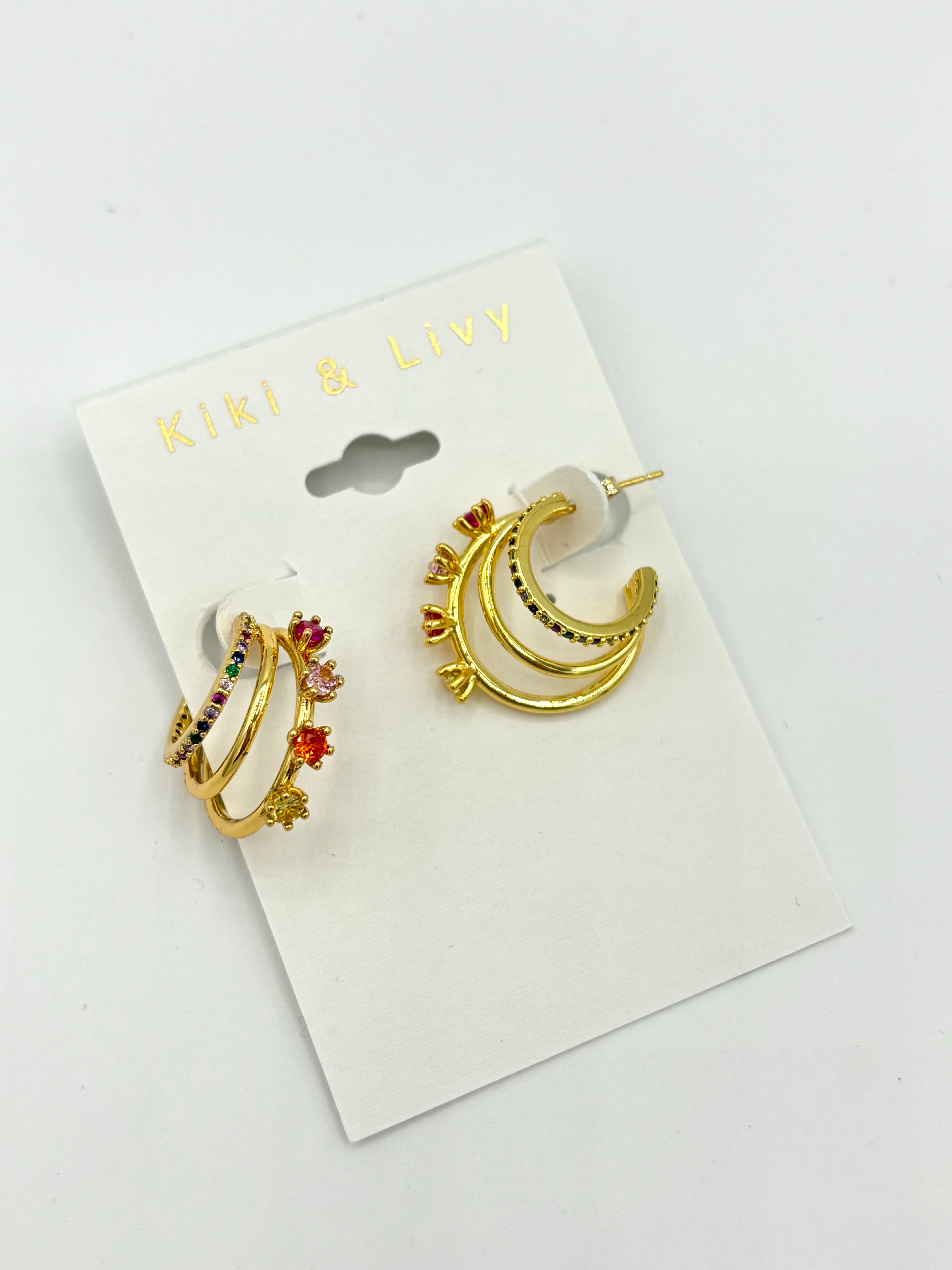 Gold Rhinestone Triple Hoop Earrings