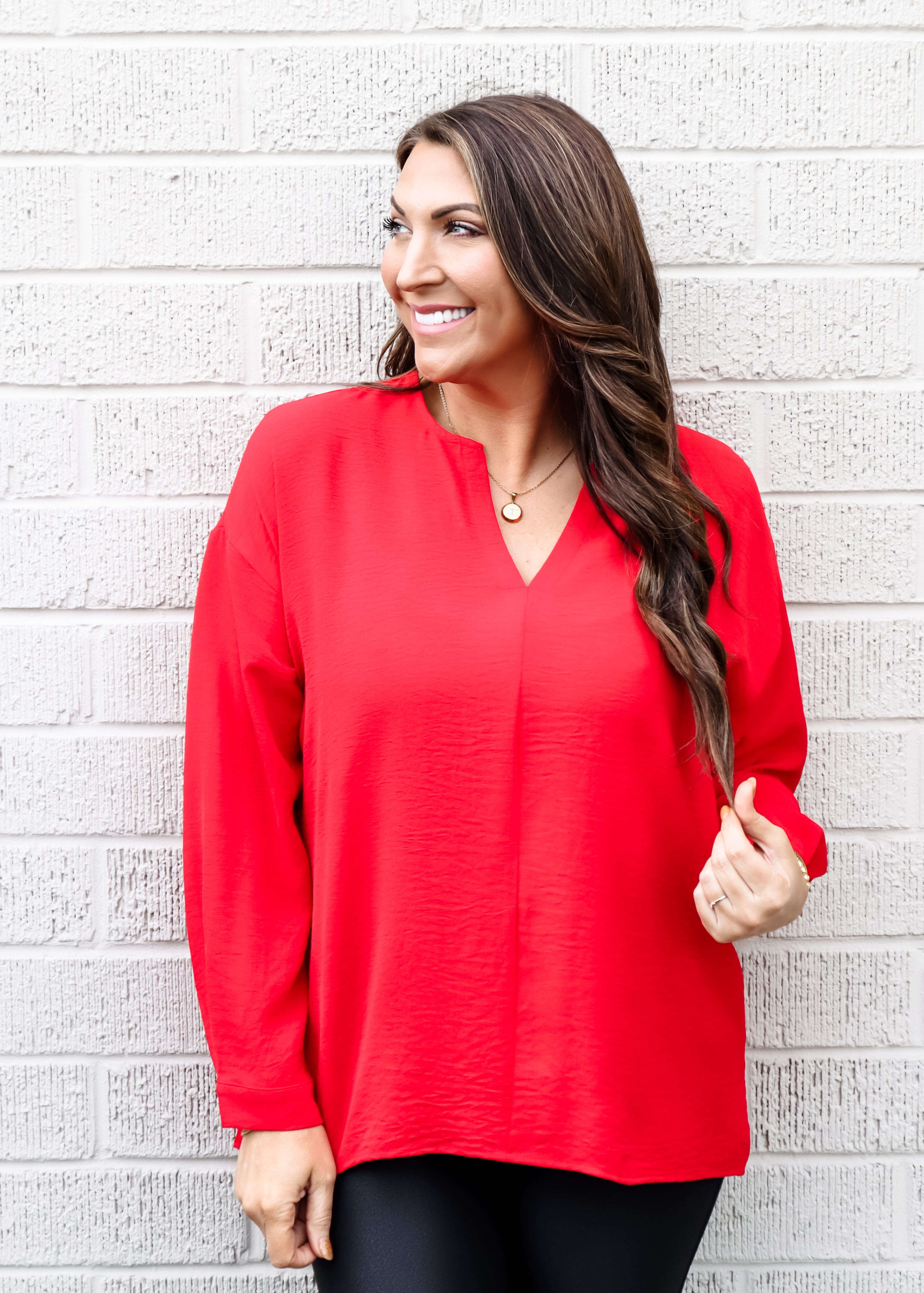 Red Long Sleeve V-Neck Top