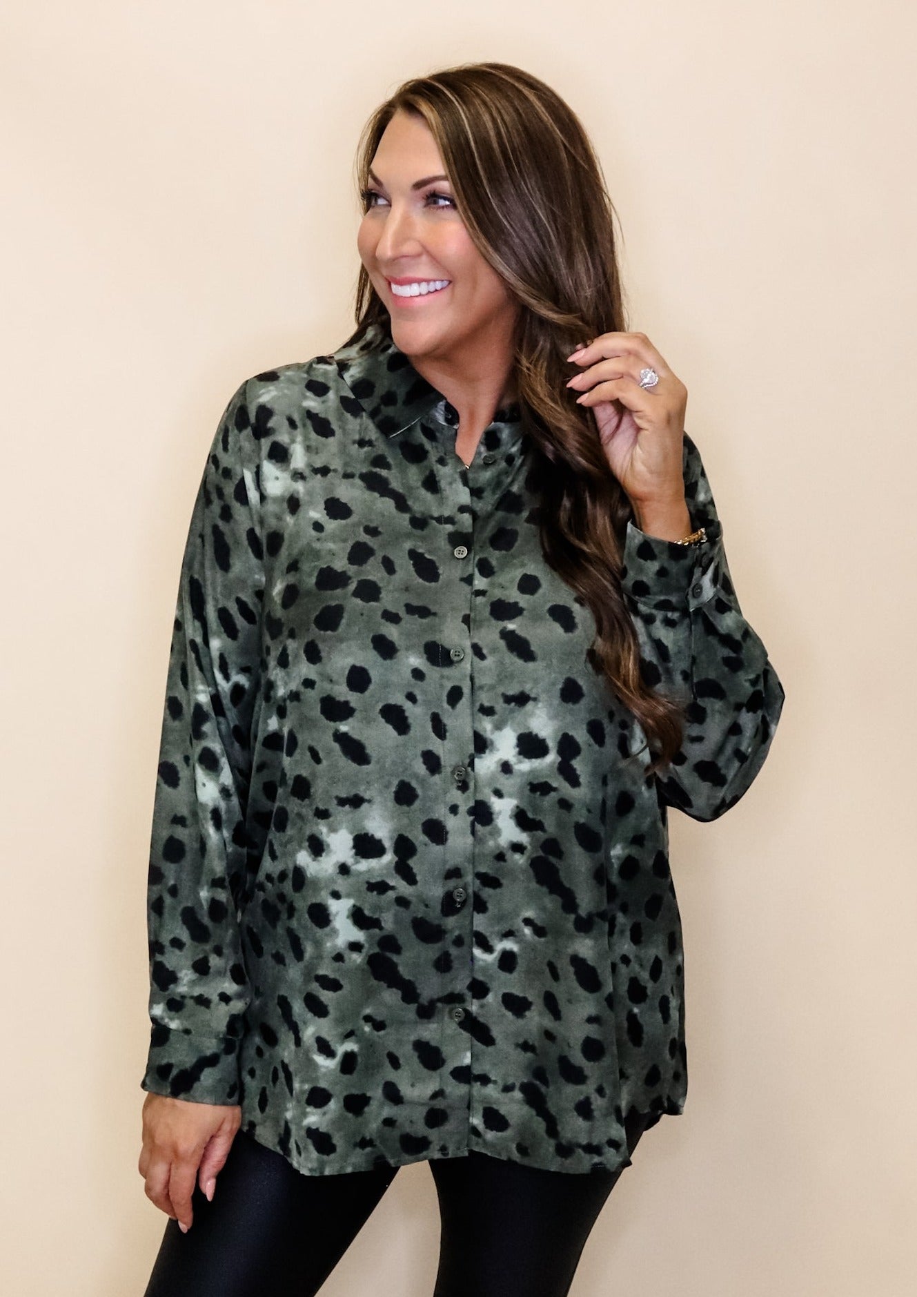 Moss Leopard Print Collared Neck Top