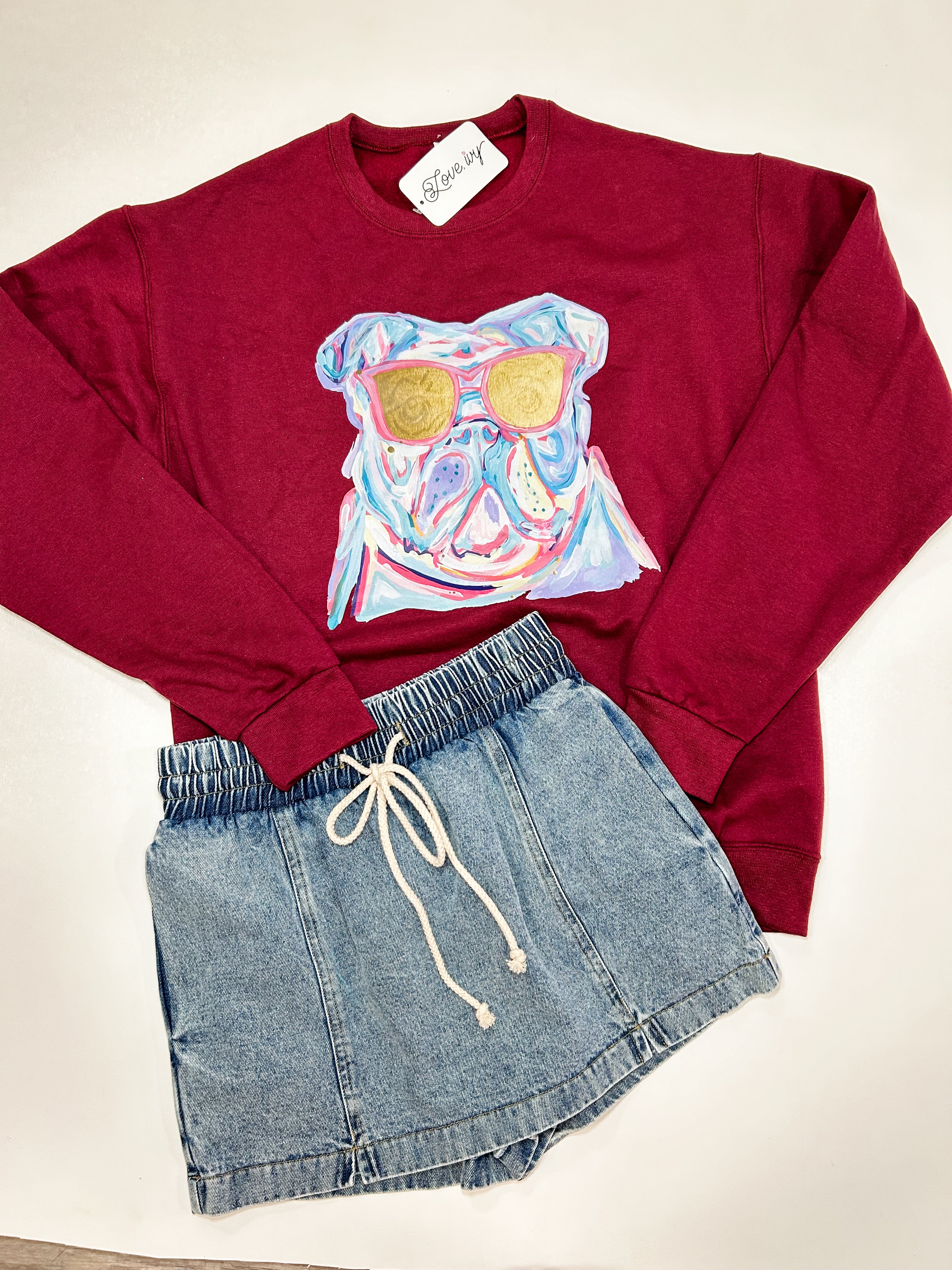 Fun Bulldog on Maroon Sweatshirt