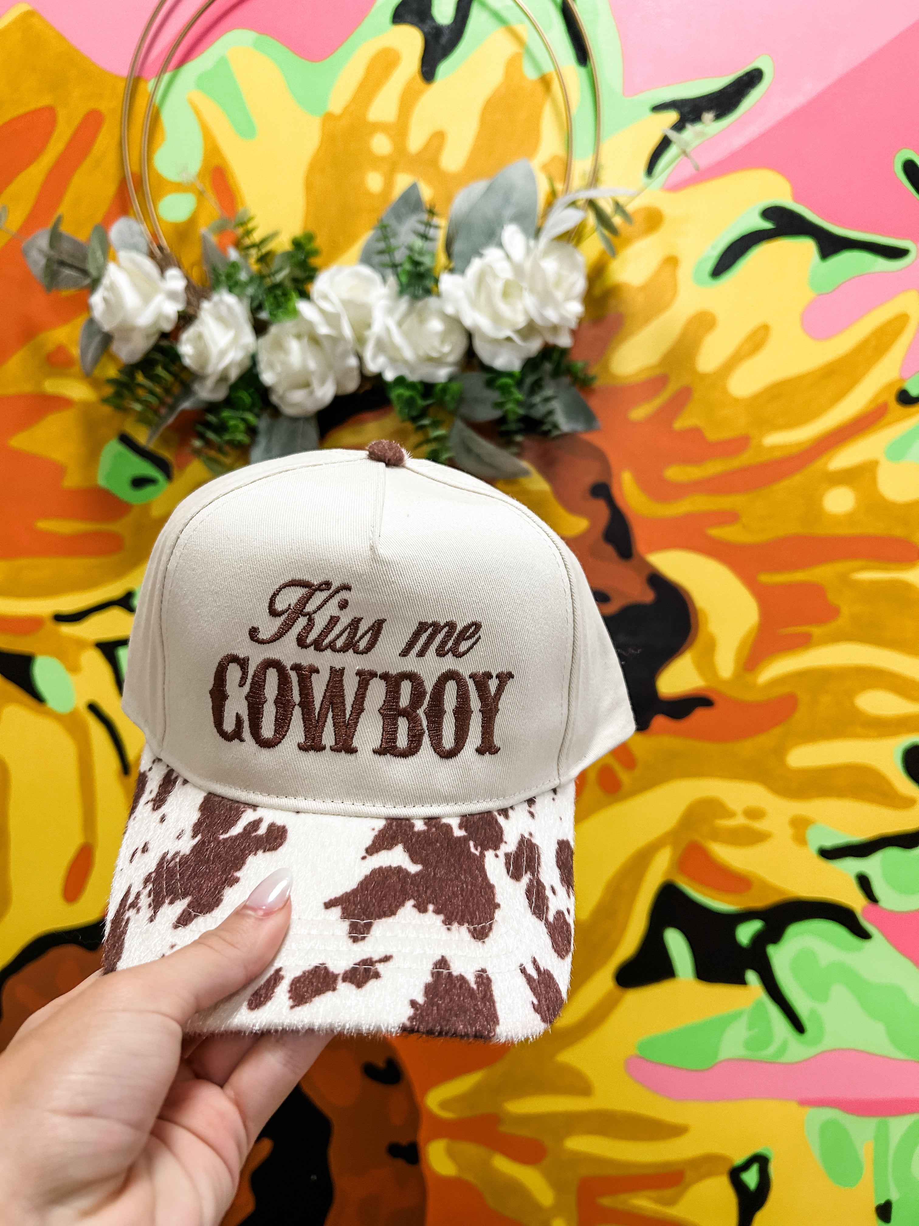 Brown "Kiss me COWBOY" Embroidered Two Tone Faux Cow Fur Baseball Cap