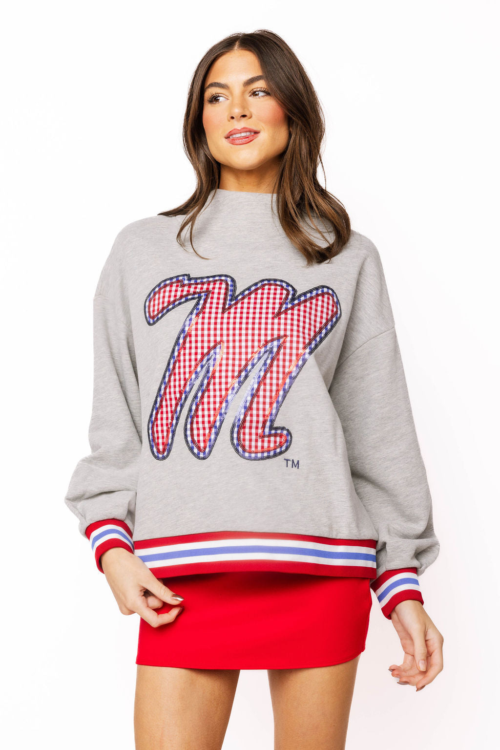 Licensed Ole Miss
Grey Gingham Mascot Mock
Neck Sweatshirt
