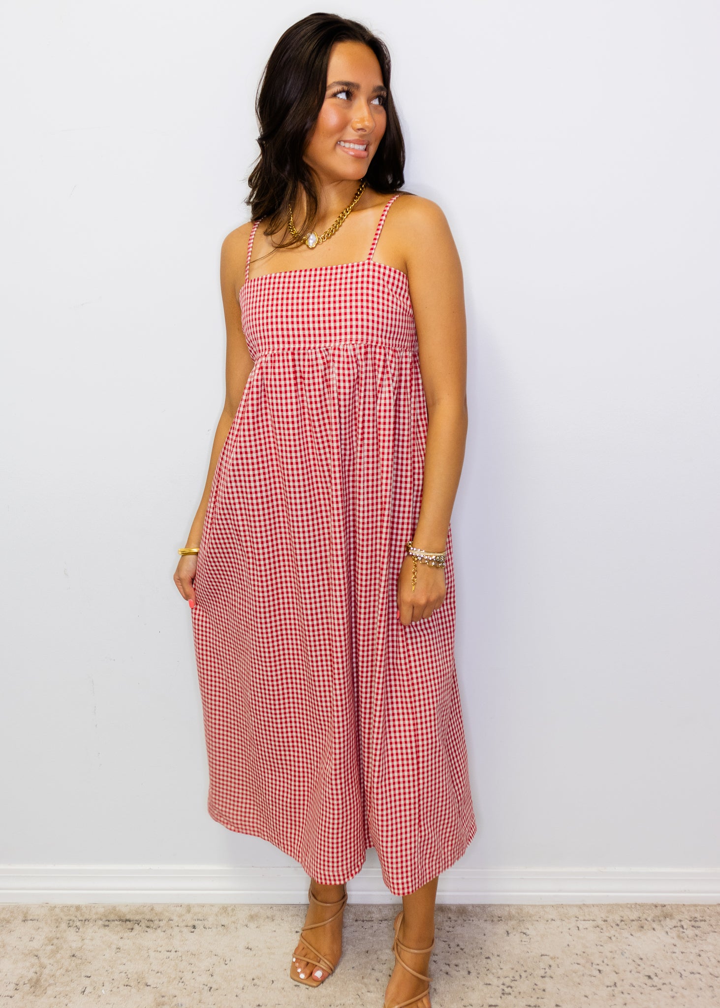 Red Gingham Midi Dress