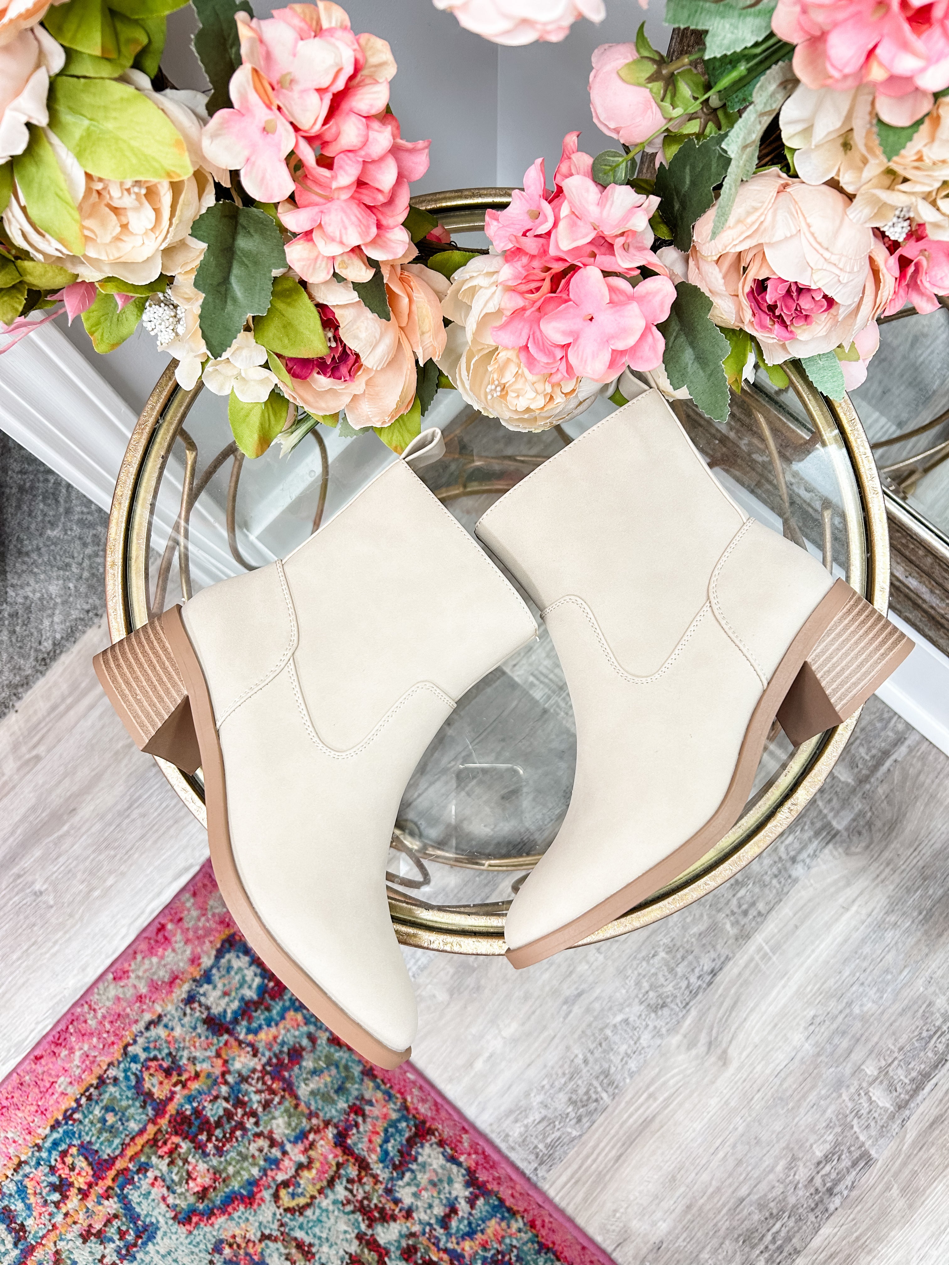 Beige Pull On Ankle Bootie