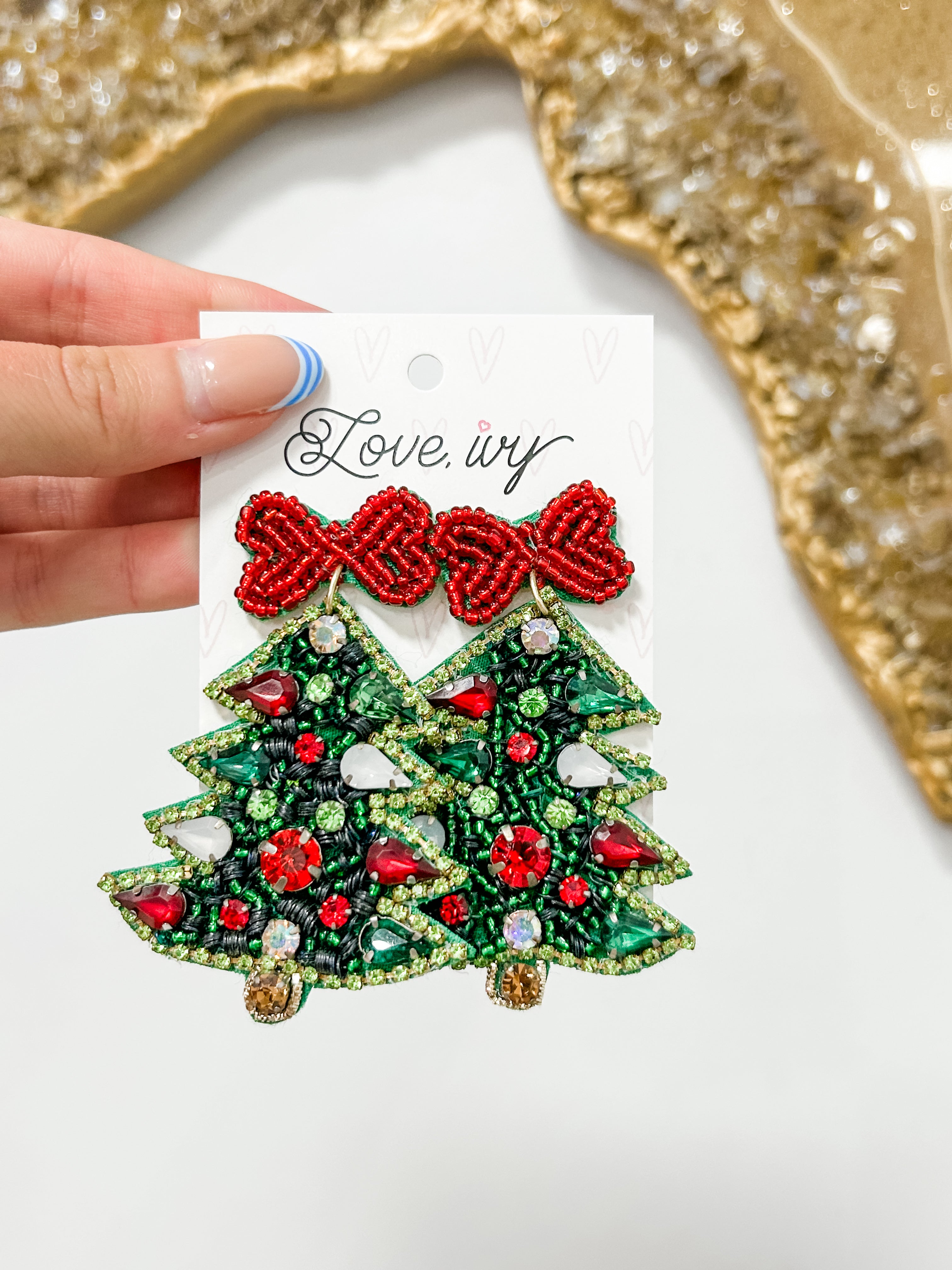 Red Bow Christmas Tree Beaded Earrings