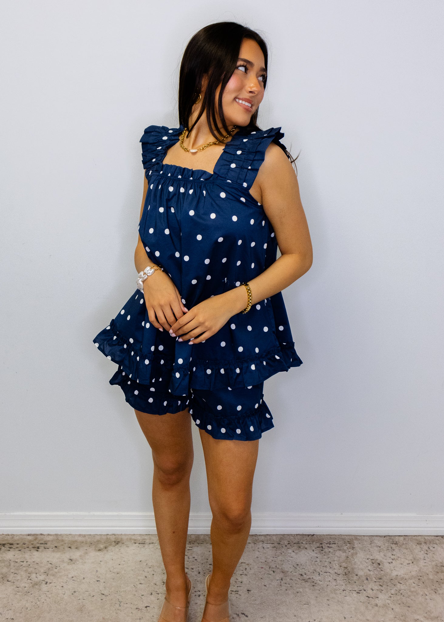Navy Polka Dot Shorts Set