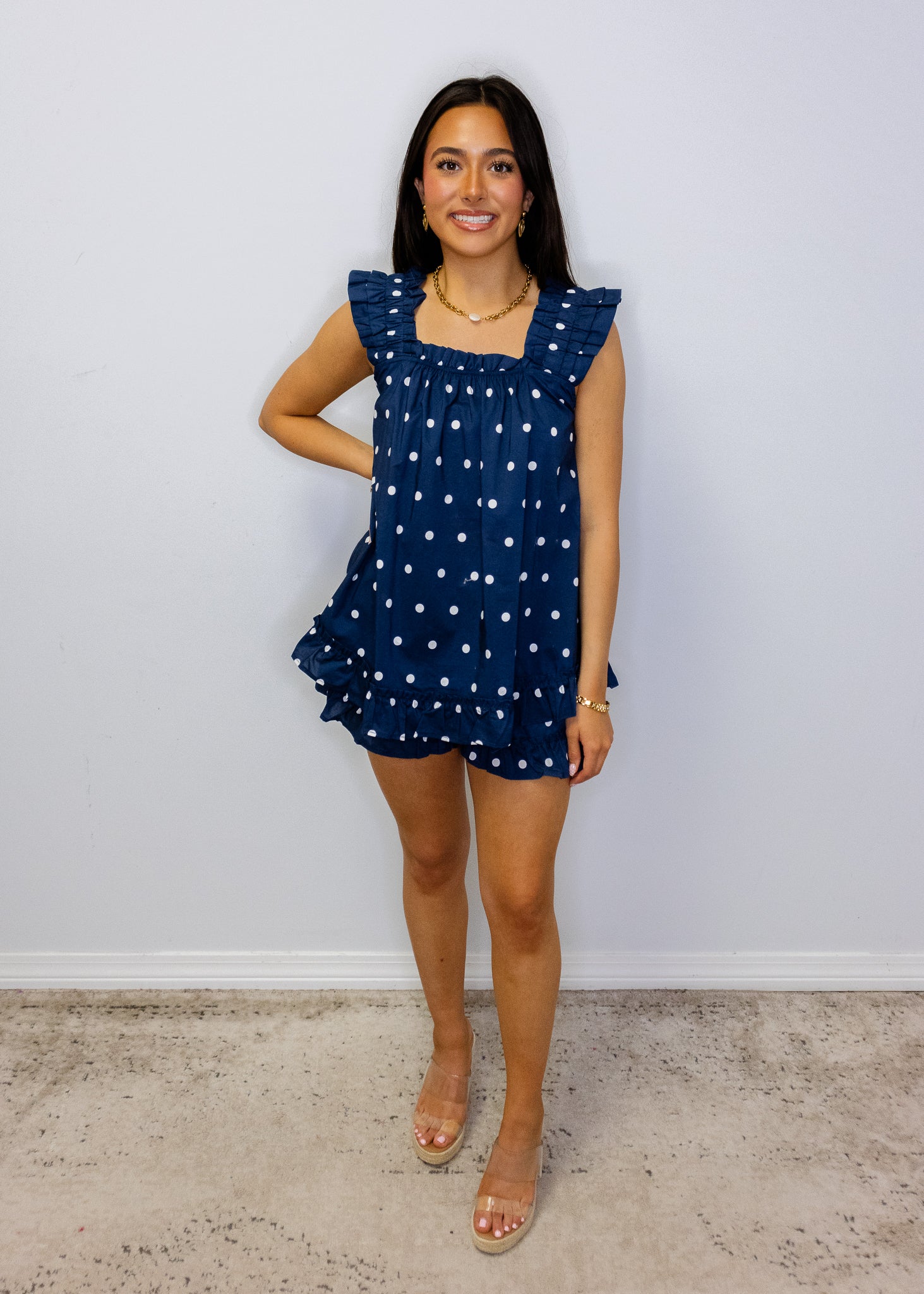 Navy Polka Dot Shorts Set
